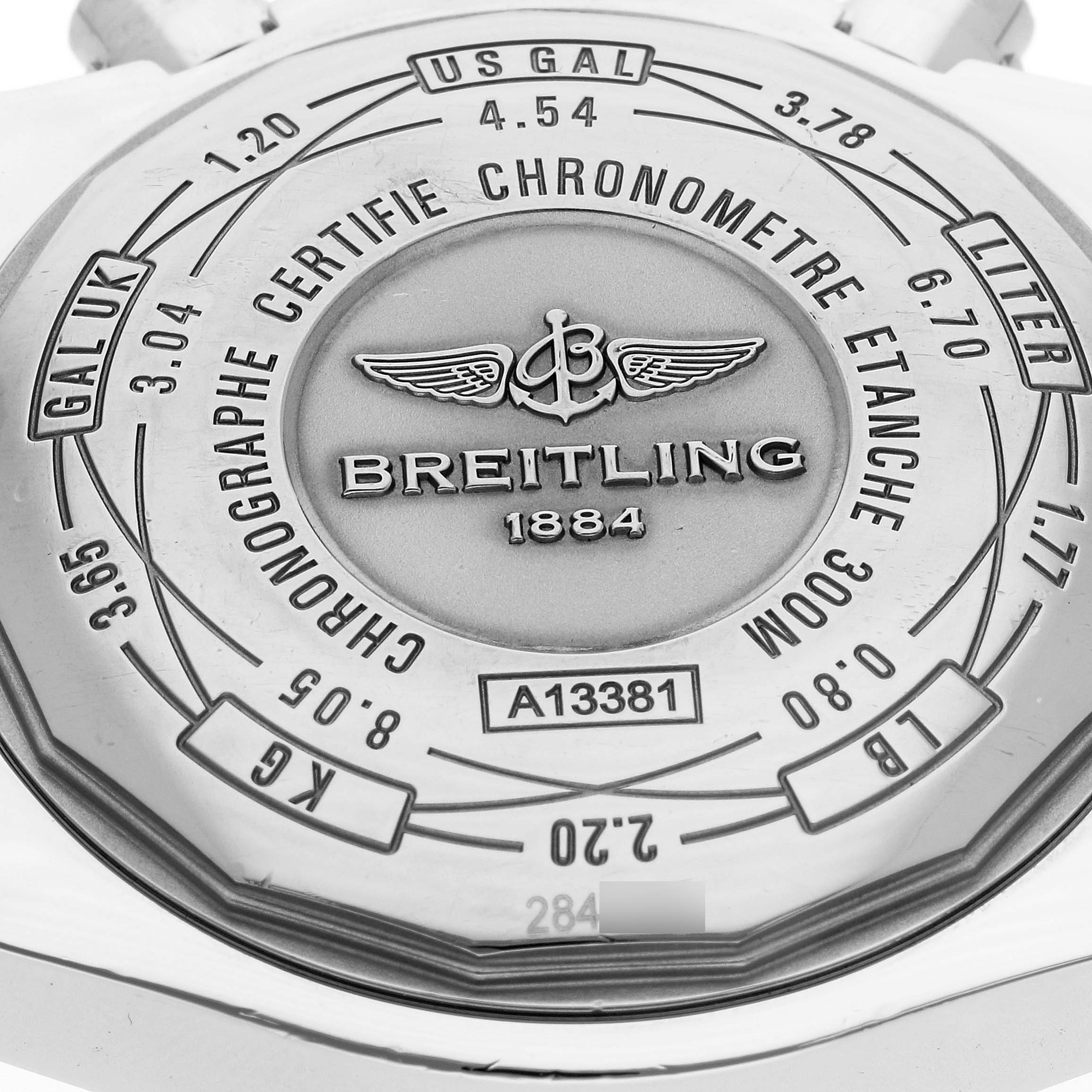 The image shows the case back of the Breitling Avenger A13381 Men's Stainless Steel Mother of Pearl Dial A13381 Men's Stainless Steel Mother of Pearl Dial model watch, highlighting its engraved details and specifications.