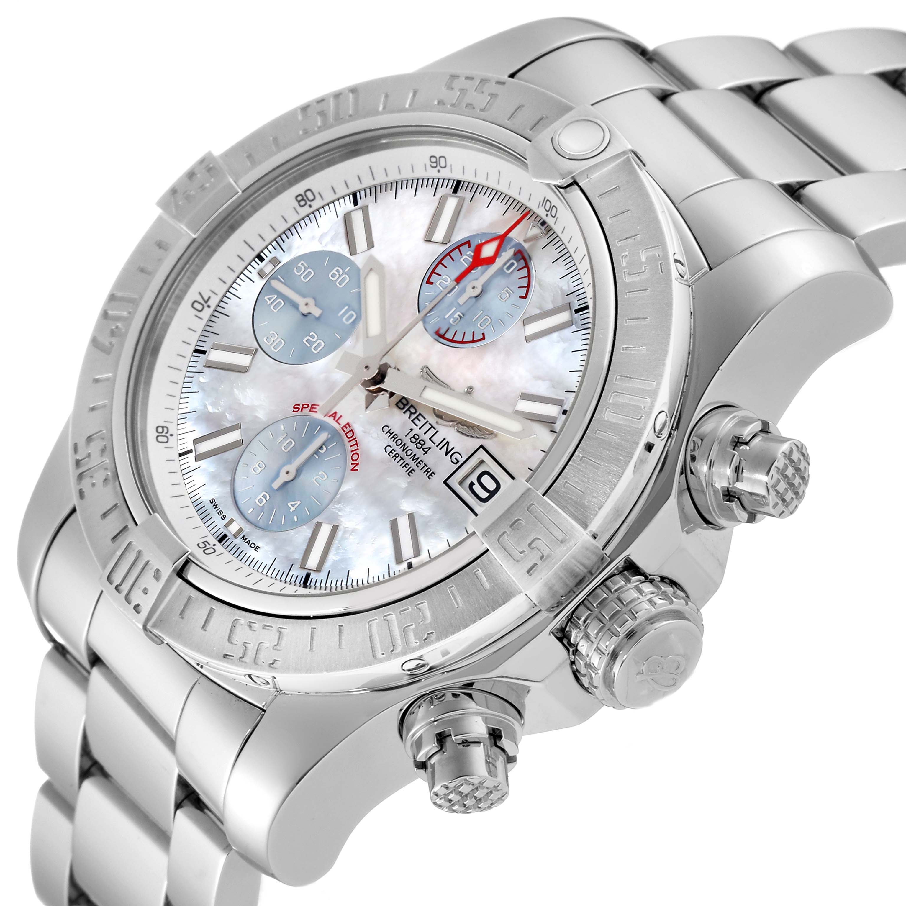 The image shows a close-up angle of the Breitling Avenger A13381 Men's Stainless Steel Mother of Pearl Dial A13381 Men's Stainless Steel Mother of Pearl Dial watch, highlighting the face, bezel, and crown.