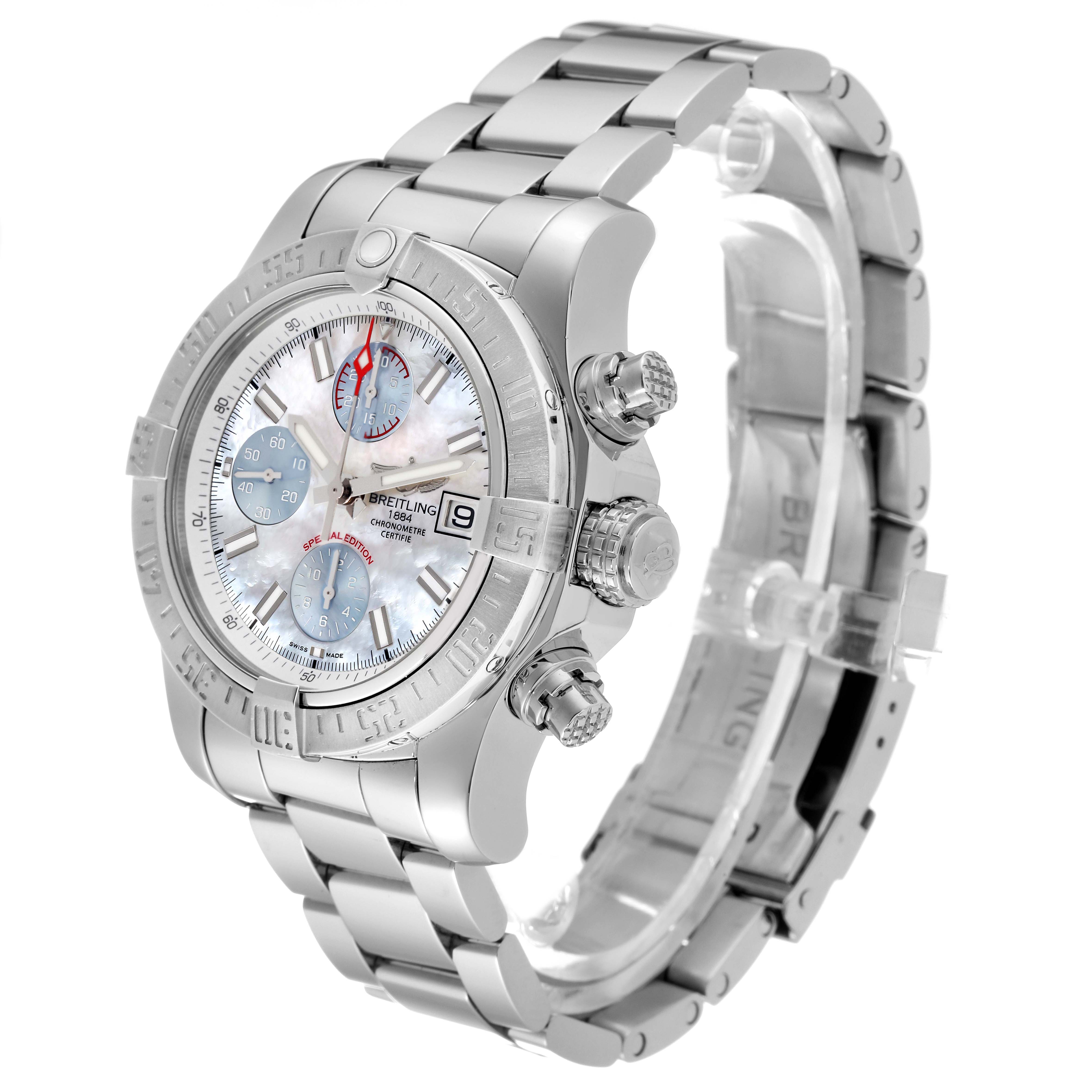 The image shows a Breitling Avenger A13381 Men's Stainless Steel Mother of Pearl Dial A13381 Men's Stainless Steel Mother of Pearl Dial watch angled from the right side, displaying its face, three subdials, crown, and metal bracelet.