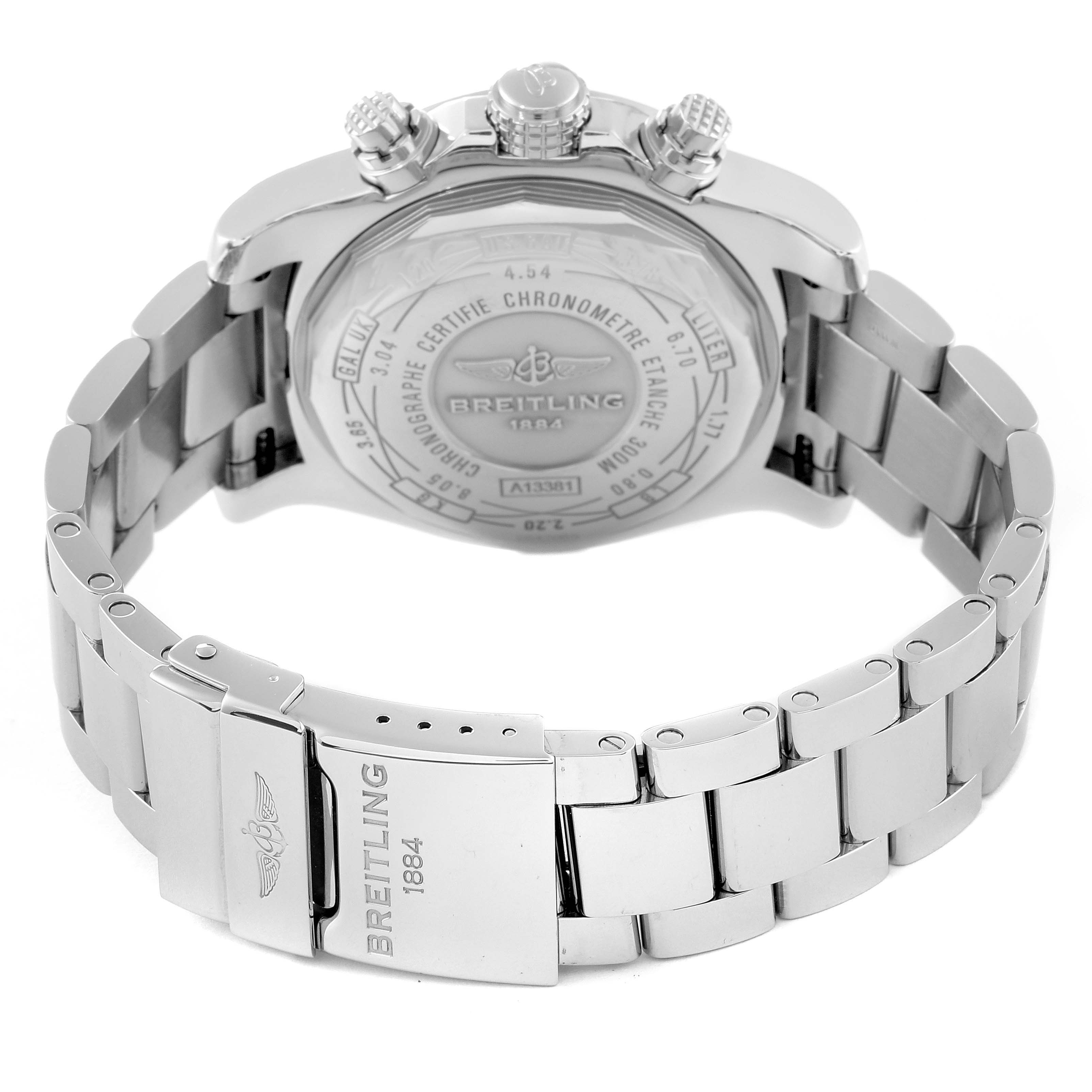 The image shows the back case and metal bracelet of the Breitling Avenger A13381 Men's Stainless Steel Mother of Pearl Dial A13381 Men's Stainless Steel Mother of Pearl Dial watch from a rear angle.