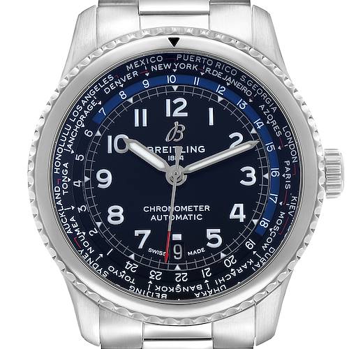 The Breitling Aviator AB3521U41B1A1 Men's Stainless Steel Blue Dial watch is shown from a front angle, displaying its bezel, dial, and world time features.