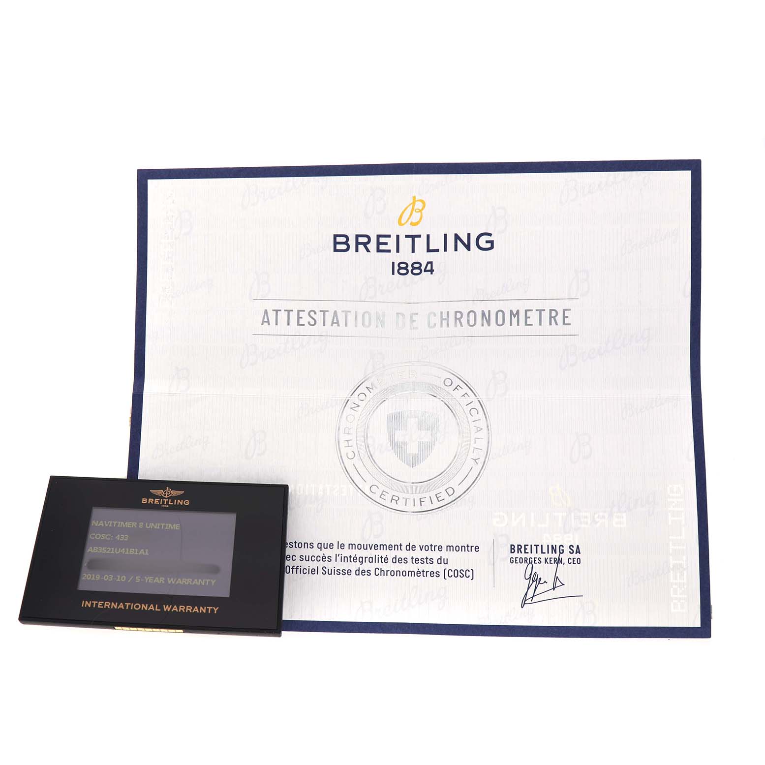 The image shows the certificate and warranty card for the Breitling Aviator AB3521U41B1A1 Men's Stainless Steel Blue Dial watch model.