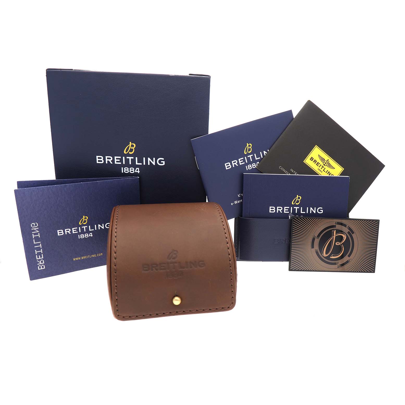 The image shows a Breitling Aviator AB3521U41B1A1 Men's Stainless Steel Blue Dial watch box set, including a brown leather case, booklets, and branded packaging.