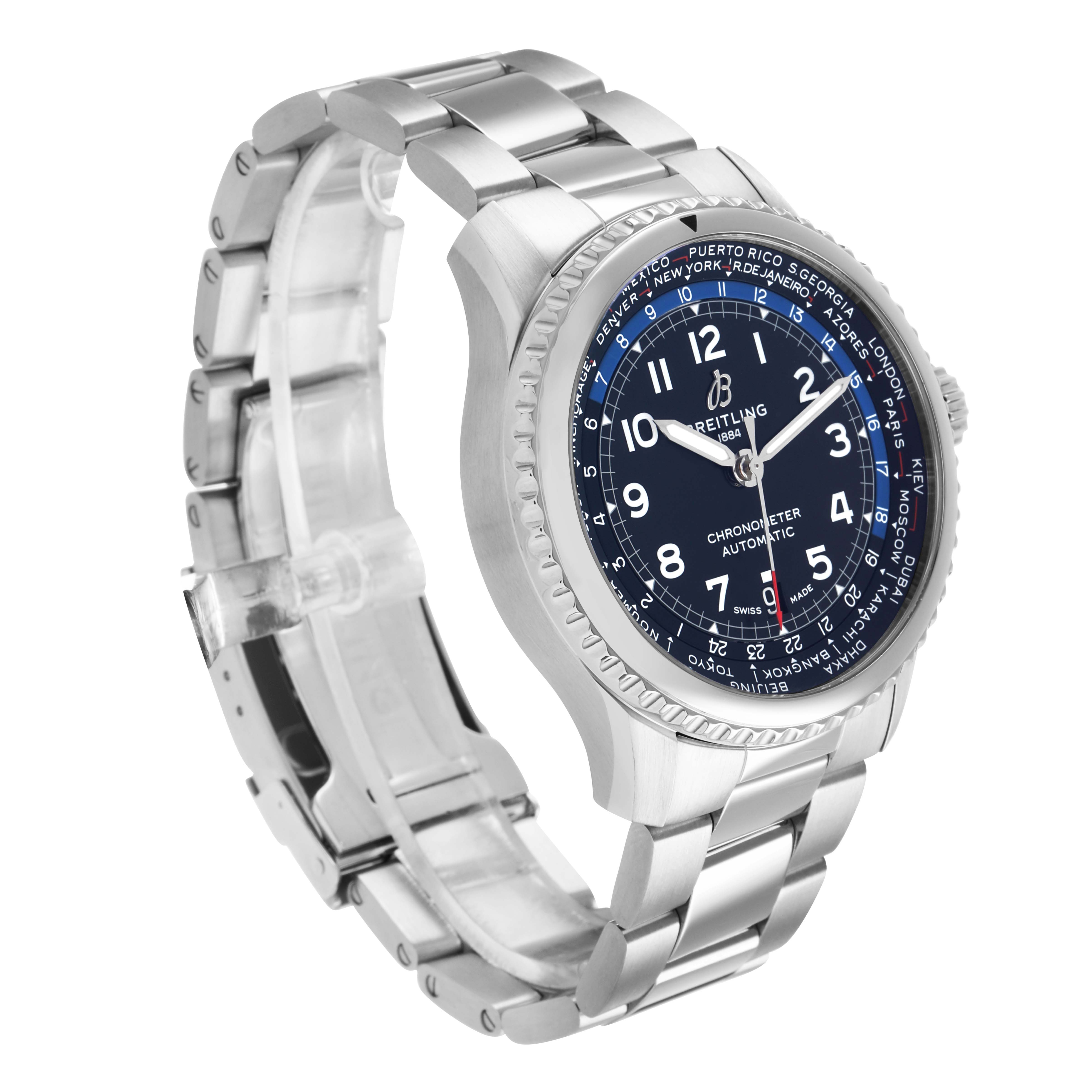 The Breitling Aviator AB3521U41B1A1 Men's Stainless Steel Blue Dial watch is shown at a slight angle, displaying the face, bezel, crown, and metal strap.