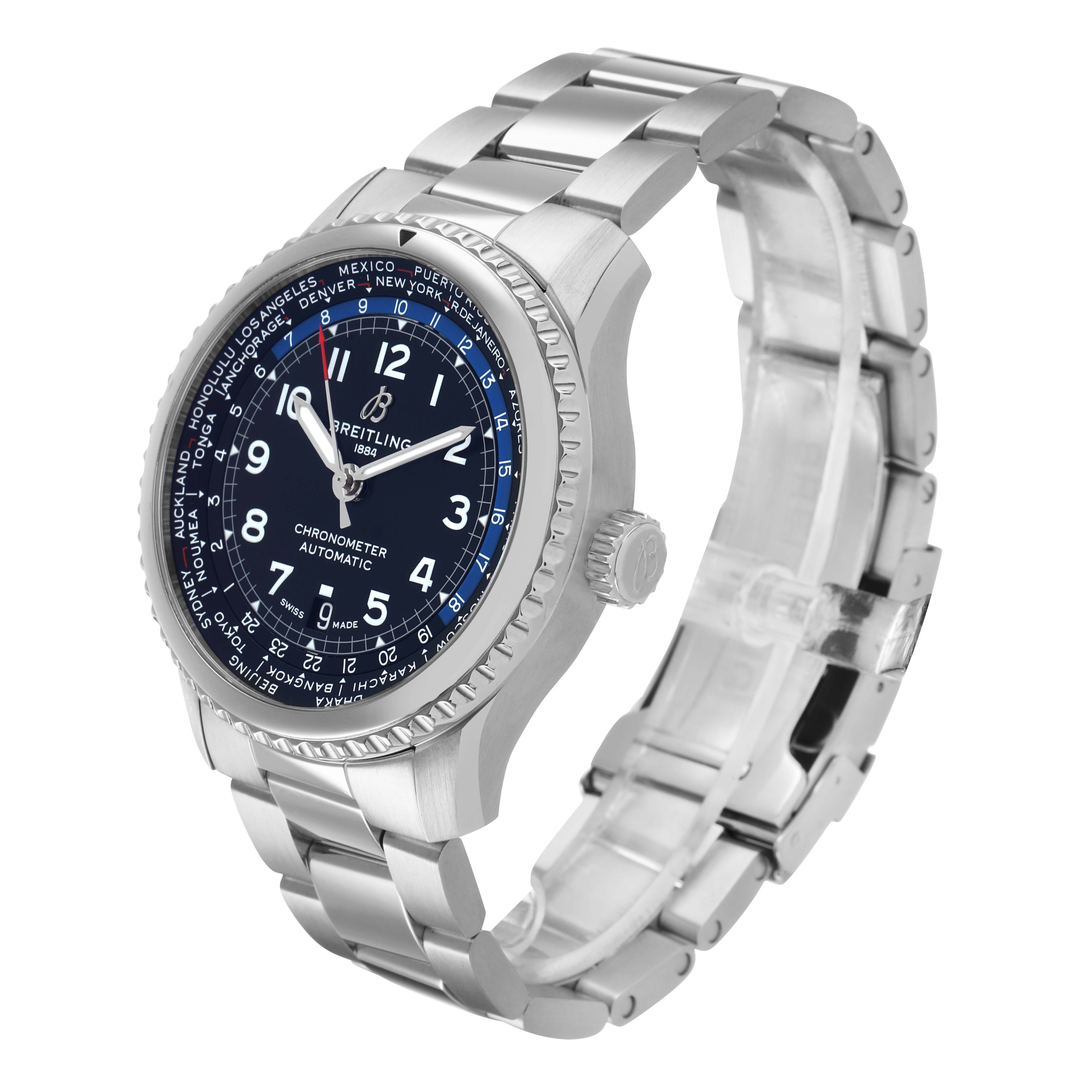 The Breitling Aviator AB3521U41B1A1 Men's Stainless Steel Blue Dial watch is shown at a three-quarter angle, displaying the face, bezel, crown, and bracelet.