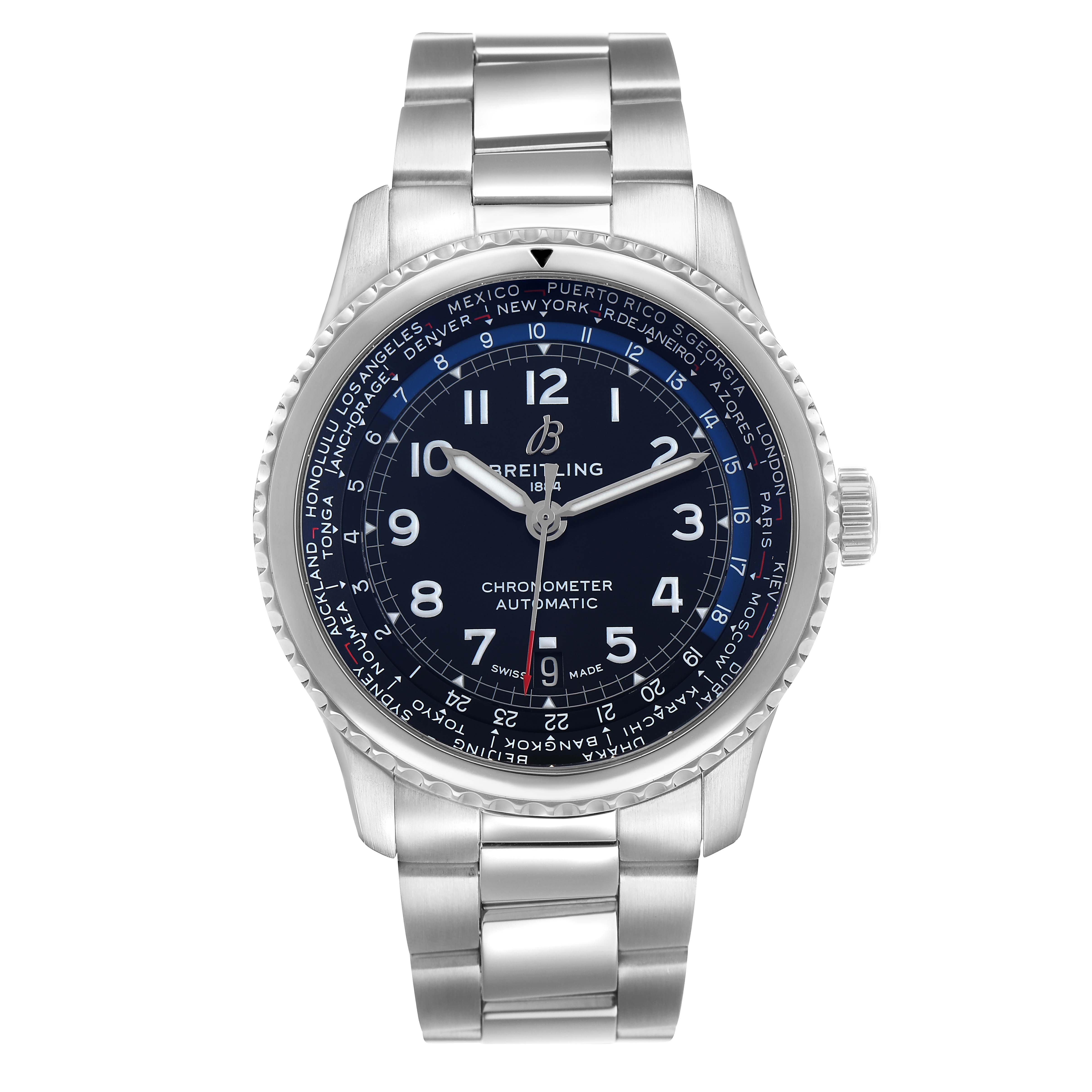 The Breitling Aviator AB3521U41B1A1 Men's Stainless Steel Blue Dial watch is shown from a top-down angle, highlighting the bezel, dial, and stainless steel bracelet.