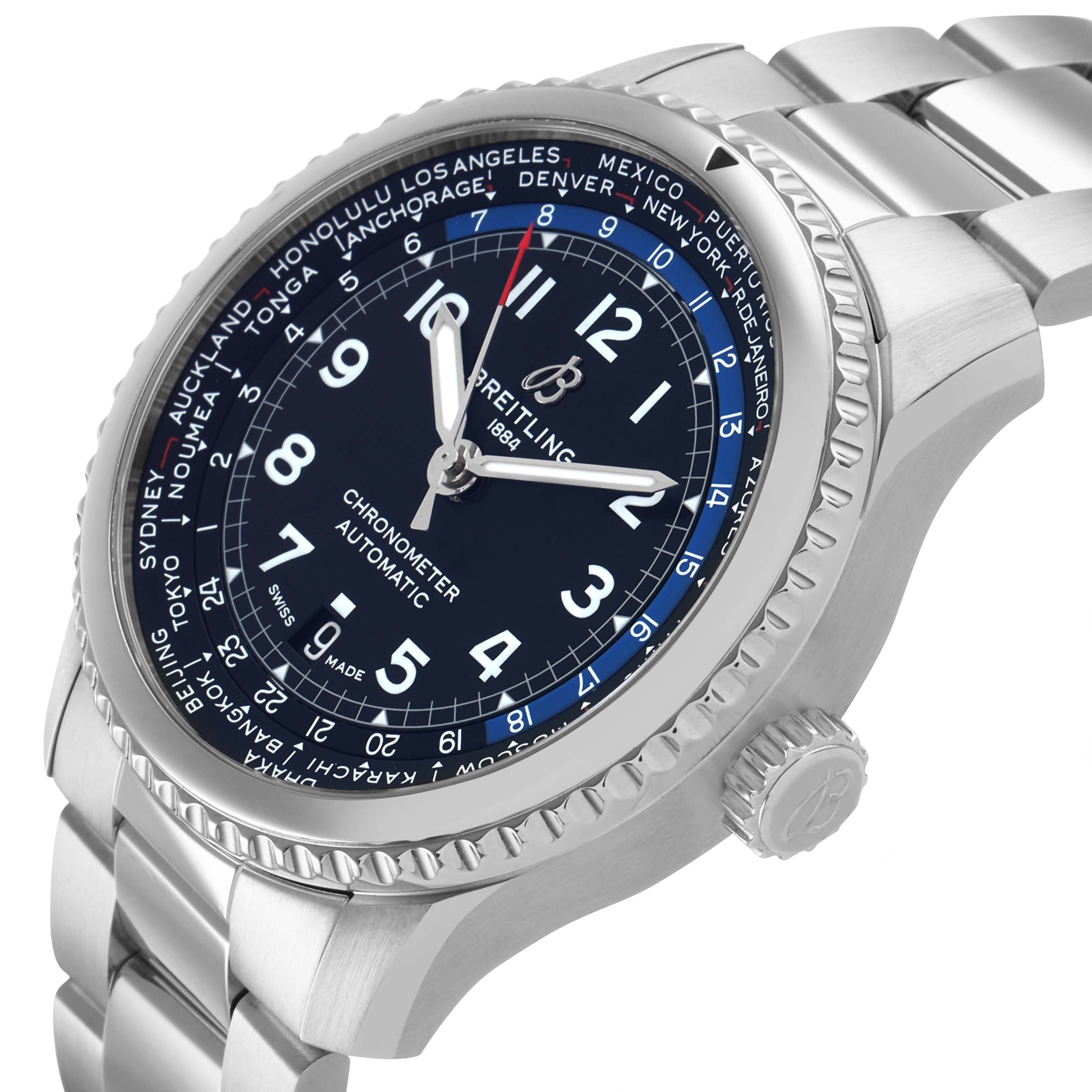 The Breitling Aviator AB3521U41B1A1 Men's Stainless Steel Blue Dial watch is shown at a slight side angle, displaying the face, bezel, crown, and metal bracelet.