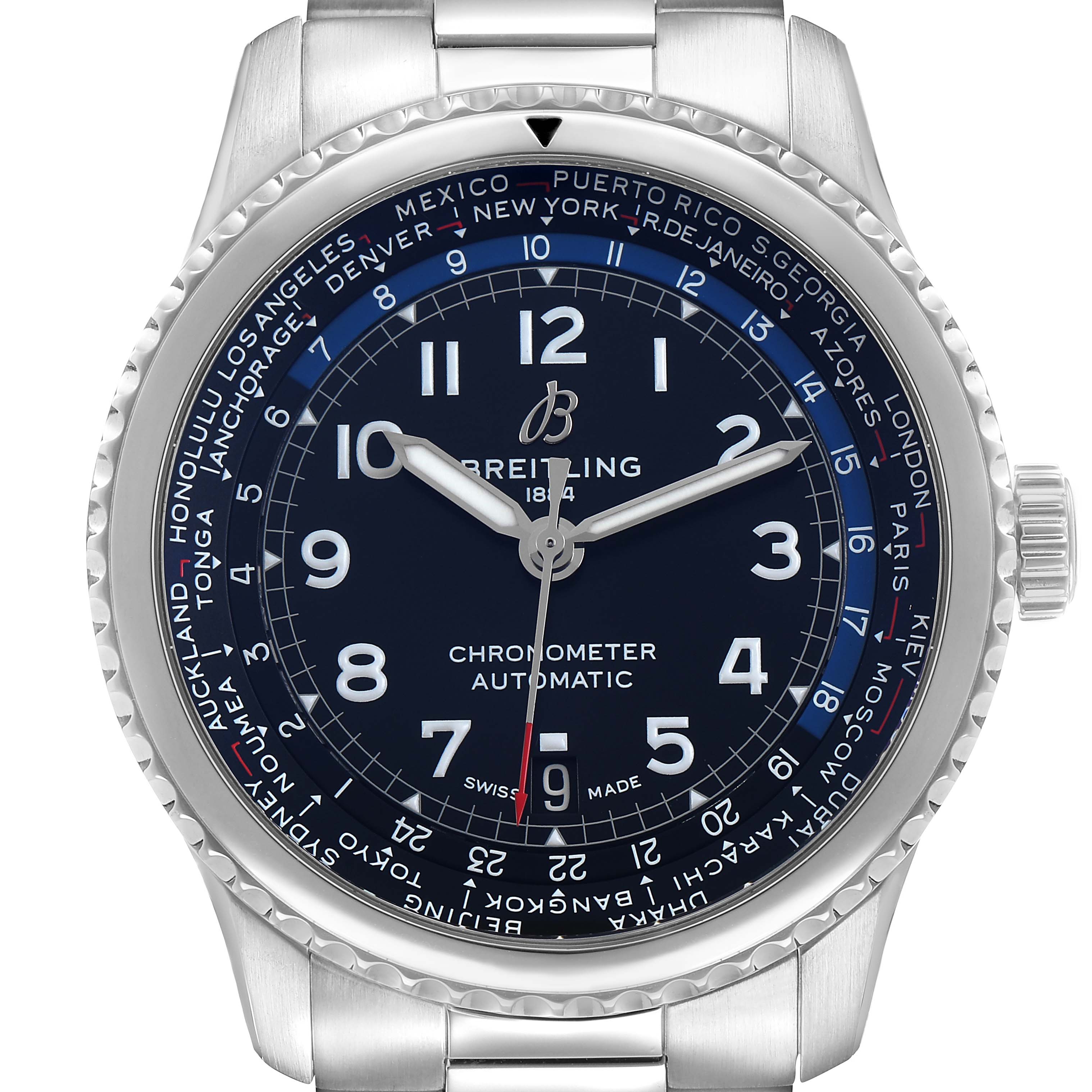 The Breitling Aviator AB3521U41B1A1 Men's Stainless Steel Blue Dial model watch is shown from a top angle, highlighting its bezel, crown, and dial details.