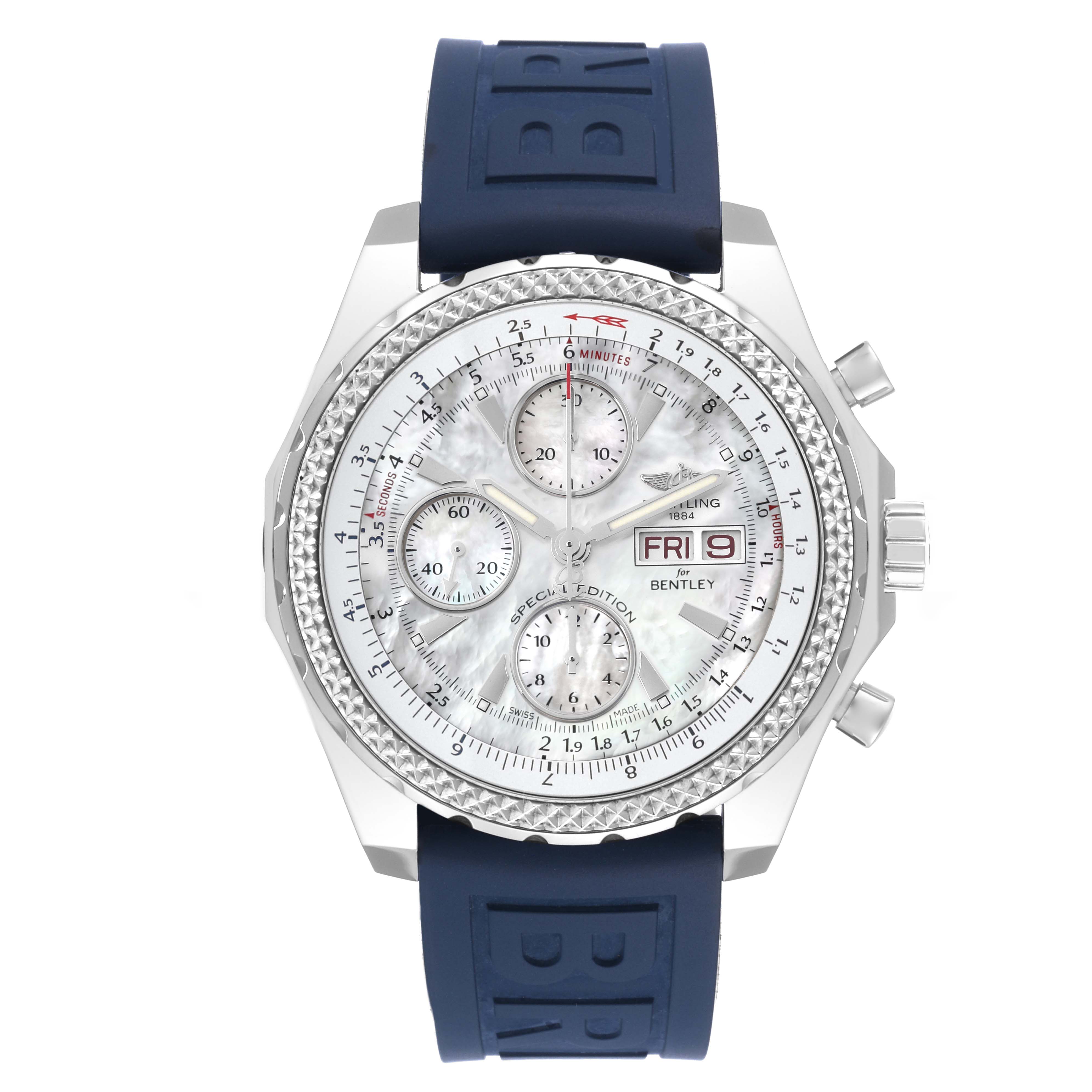 The image shows a front view of the Breitling Bentley A13362 Men's Stainless Steel Mother of Pearl Dial A13362 Men's Stainless Steel Mother of Pearl Dial model watch with a blue strap, displaying its face and dials.