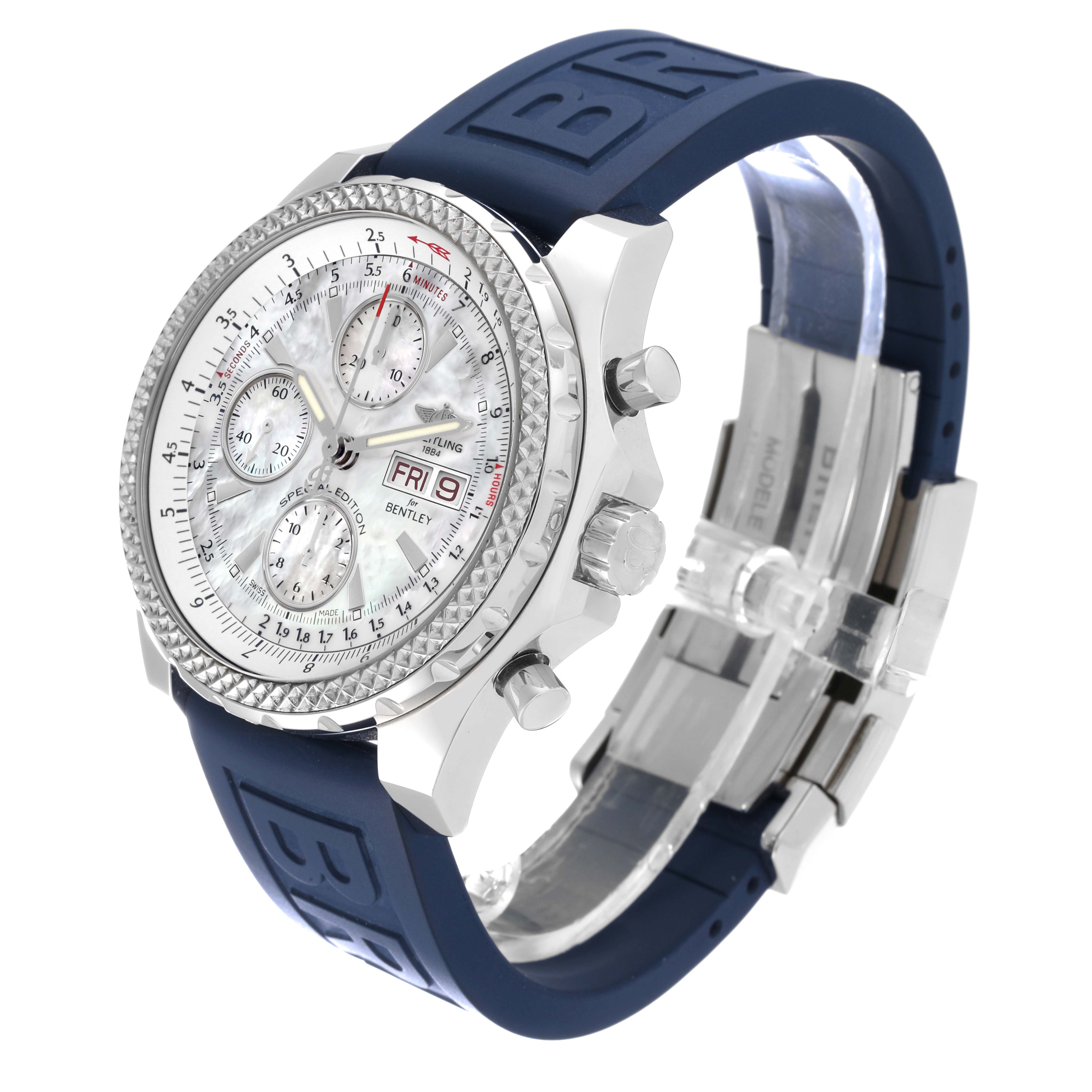 The image shows a side-angle view of the Breitling Bentley A13362 Men's Stainless Steel Mother of Pearl Dial A13362 Men's Stainless Steel Mother of Pearl Dial model watch with a blue strap and visible chronograph dials.