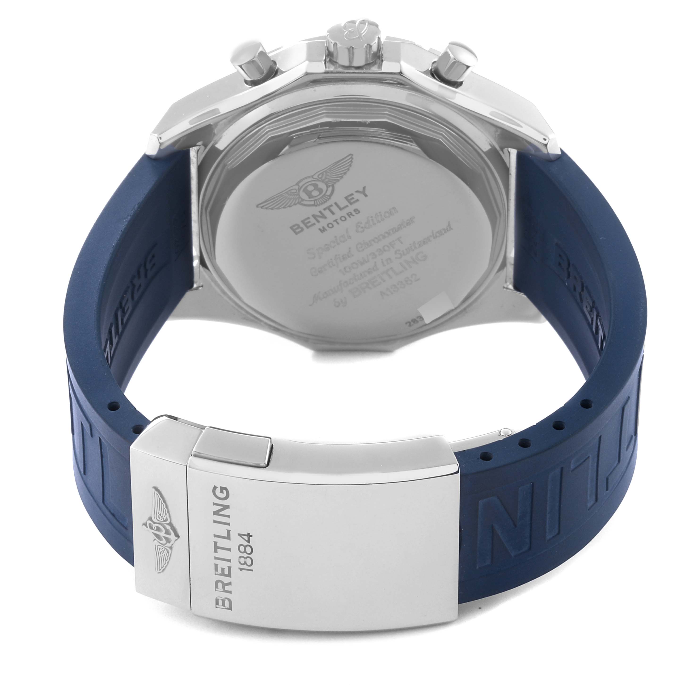 The image shows the back view of a Breitling Bentley A13362 Men's Stainless Steel Mother of Pearl Dial A13362 Men's Stainless Steel Mother of Pearl Dial watch, focusing on the case back and the blue rubber strap with the clasp.
