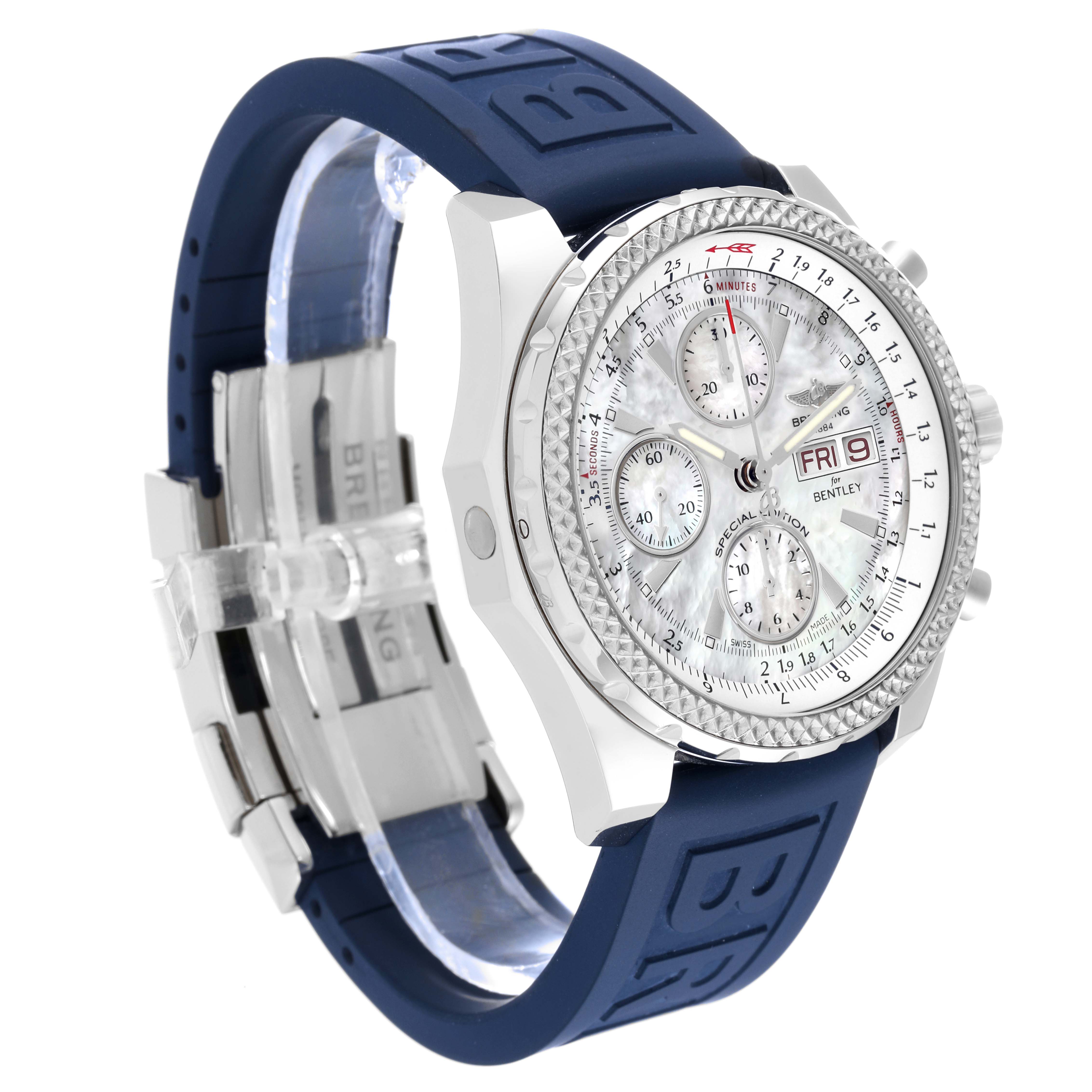 The image shows a Breitling Bentley A13362 Men's Stainless Steel Mother of Pearl Dial A13362 Men's Stainless Steel Mother of Pearl Dial watch at a three-quarter angle, displaying its face, bezel, blue strap, and clasp.