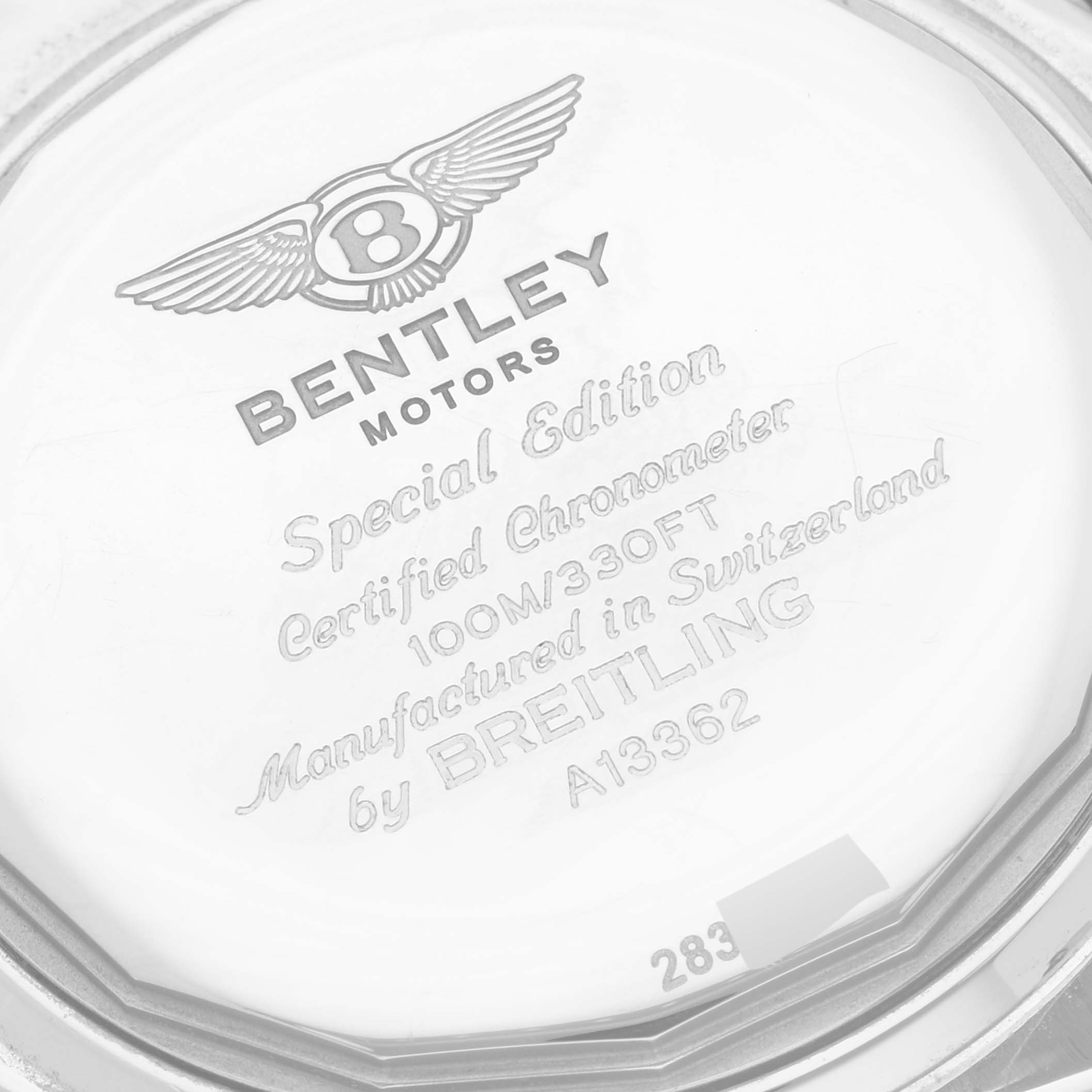 The image shows the engraved back cover of a Breitling Bentley A13362 Men's Stainless Steel Mother of Pearl Dial A13362 Men's Stainless Steel Mother of Pearl Dial model watch, highlighting its special edition and certification.