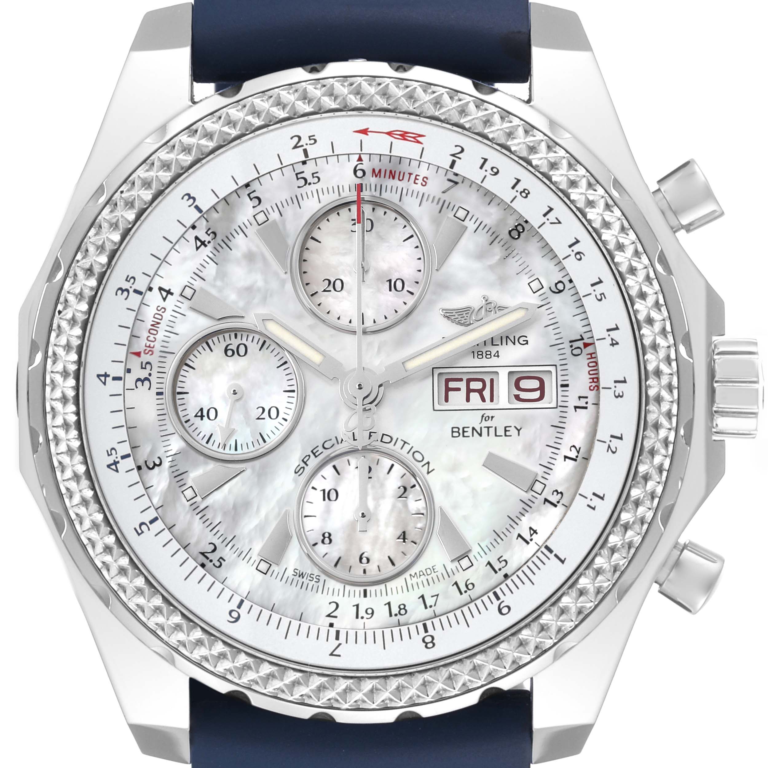 This image shows a front view of the Breitling Bentley A13362 Men's Stainless Steel Mother of Pearl Dial A13362 Men's Stainless Steel Mother of Pearl Dial watch, highlighting the dial, subdials, bezel, and pushers.