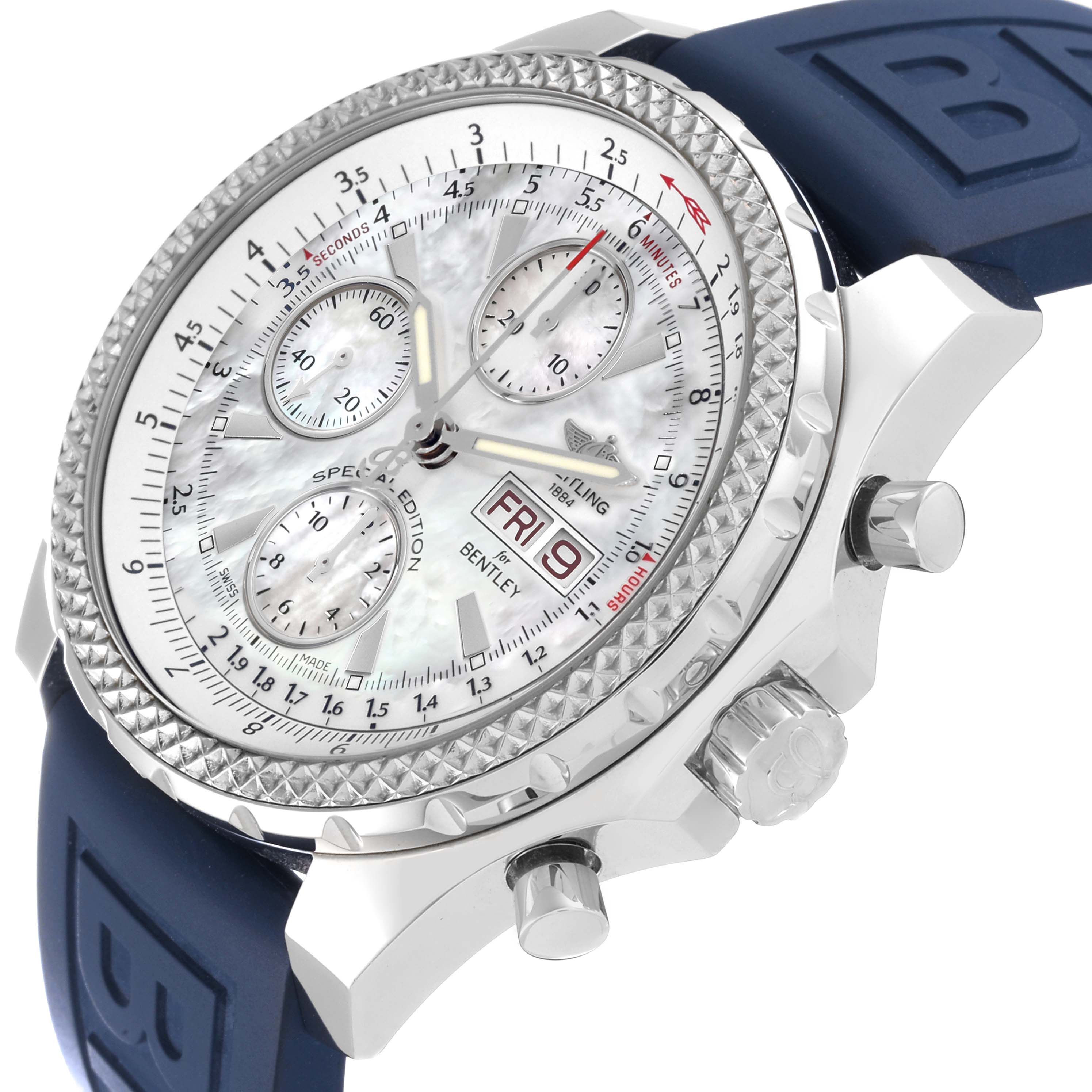 The image shows a side-angle view of a Breitling Bentley A13362 Men's Stainless Steel Mother of Pearl Dial A13362 Men's Stainless Steel Mother of Pearl Dial watch, highlighting the face, bezel, crown, and pushers.