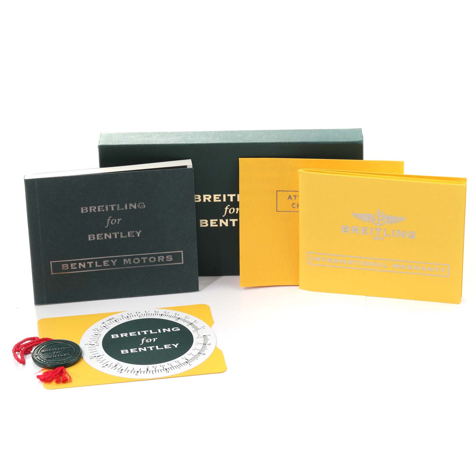 This image shows promotional and informational materials for the Breitling Bentley A25364 Men's Stainless Steel Black Dial A25364 Men's Stainless Steel Black Dial model, including booklets and a circular reference guide.