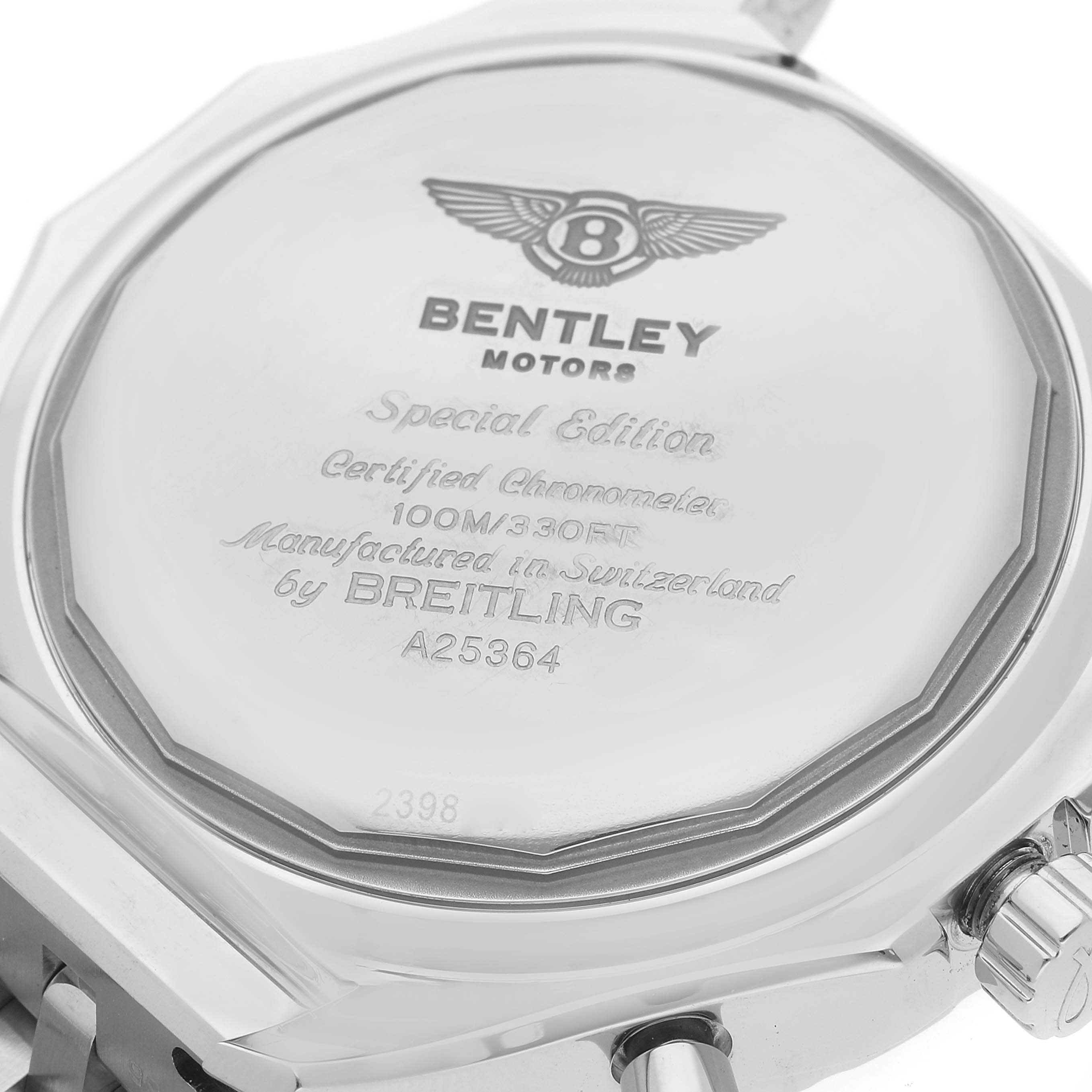 The image shows the back case of the Breitling Bentley A25364 Men's Stainless Steel Black Dial A25364 Men's Stainless Steel Black Dial watch, featuring engraved branding and specifications.