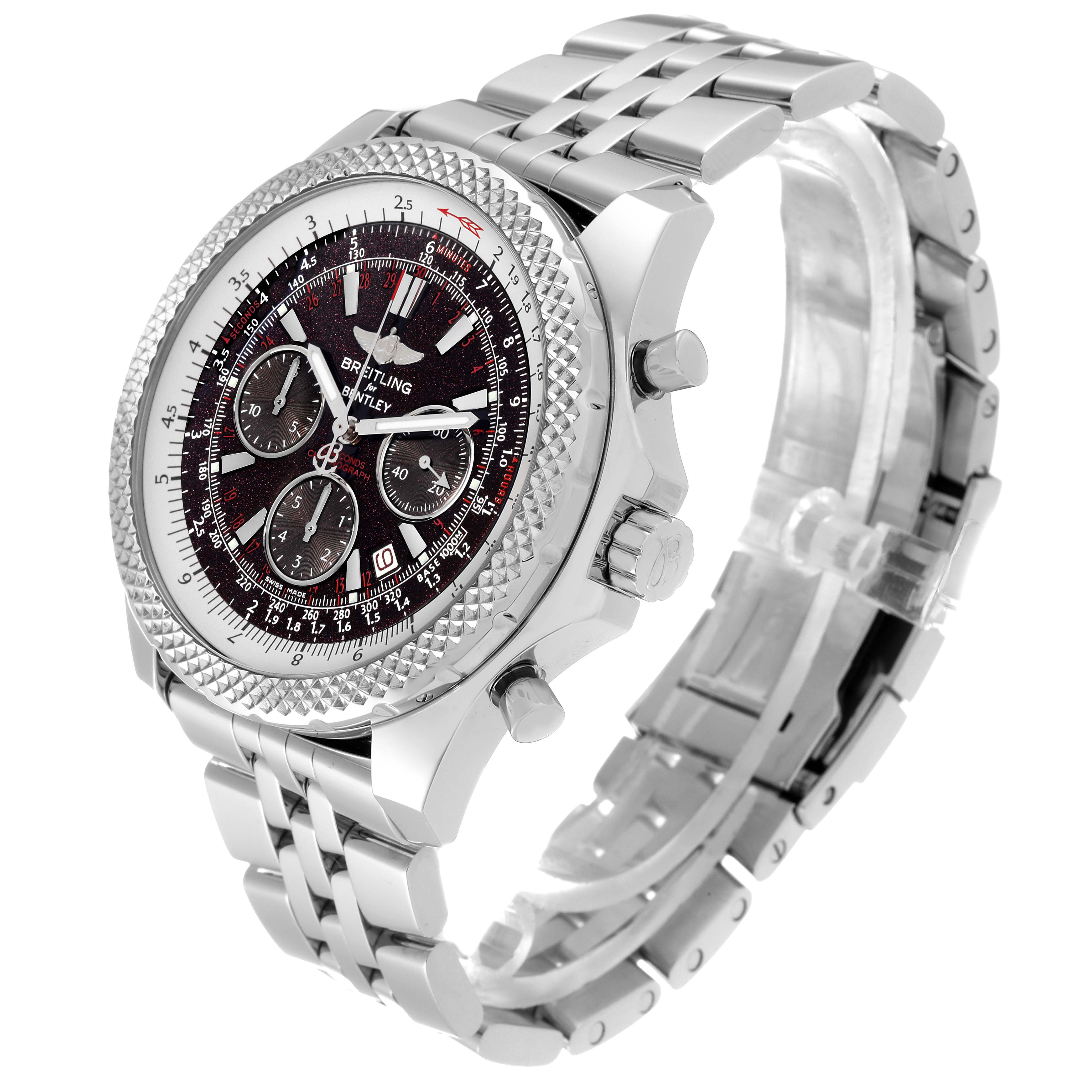 This image shows the Breitling Bentley A25364 Men's Stainless Steel Black Dial A25364 Men's Stainless Steel Black Dial watch from an oblique angle, highlighting the dial, bezel, crown, and metal bracelet.