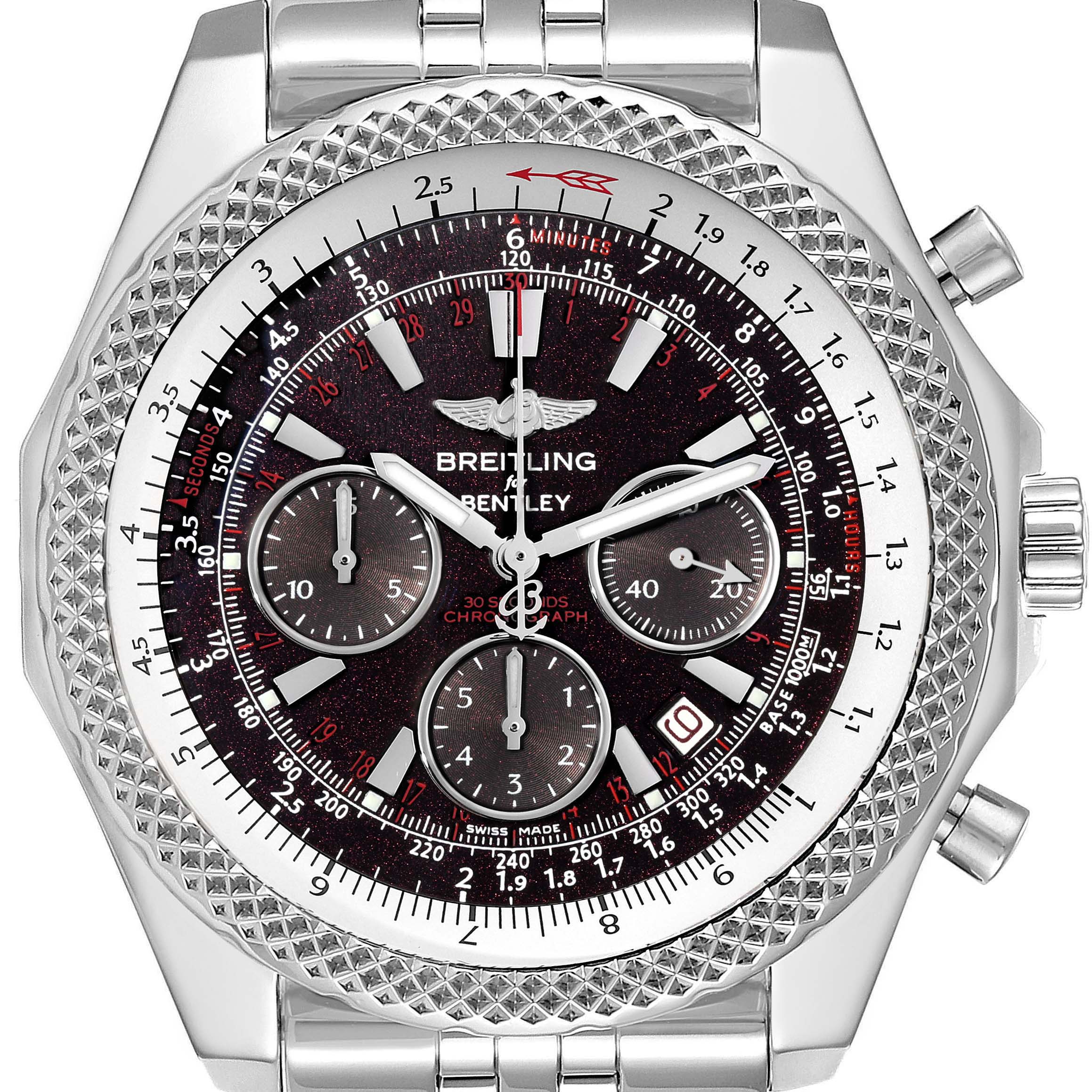 The image shows a Bentley model watch by Breitling, featuring its dial, bezel, crown, and part of the stainless steel bracelet from a front view.