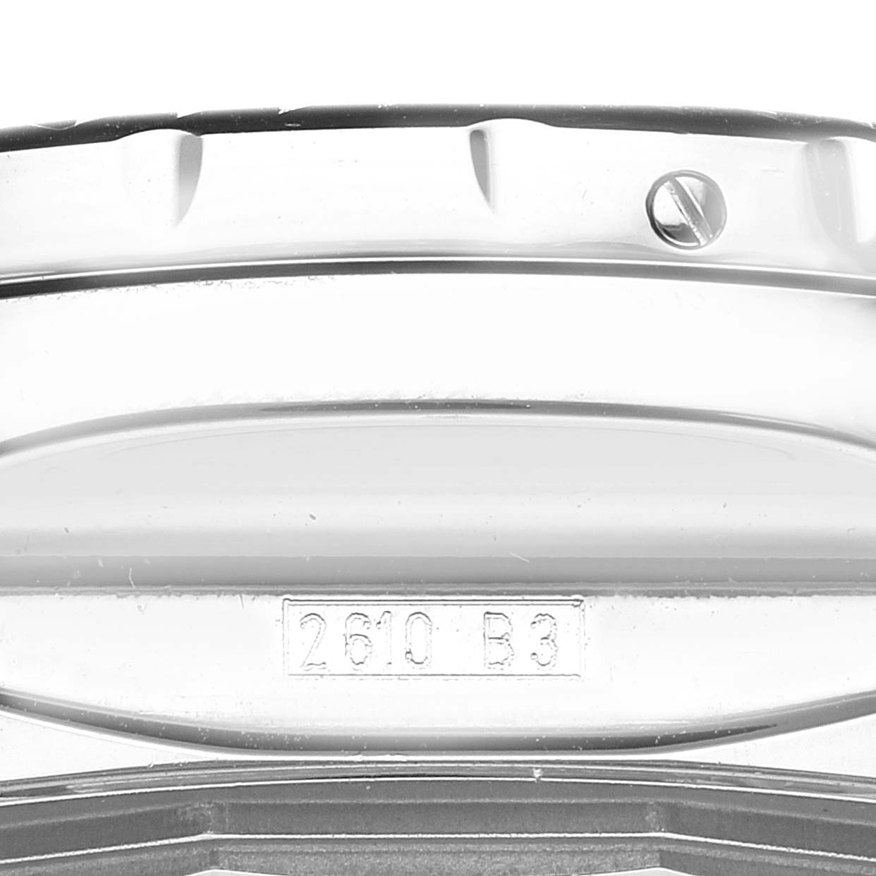 The image shows a close-up top view of the bezel and part of the casing of a Breitling Bentley A25364 Men's Stainless Steel Black Dial A25364 Men's Stainless Steel Black Dial watch, including a visible screw and model number 2610 B3.