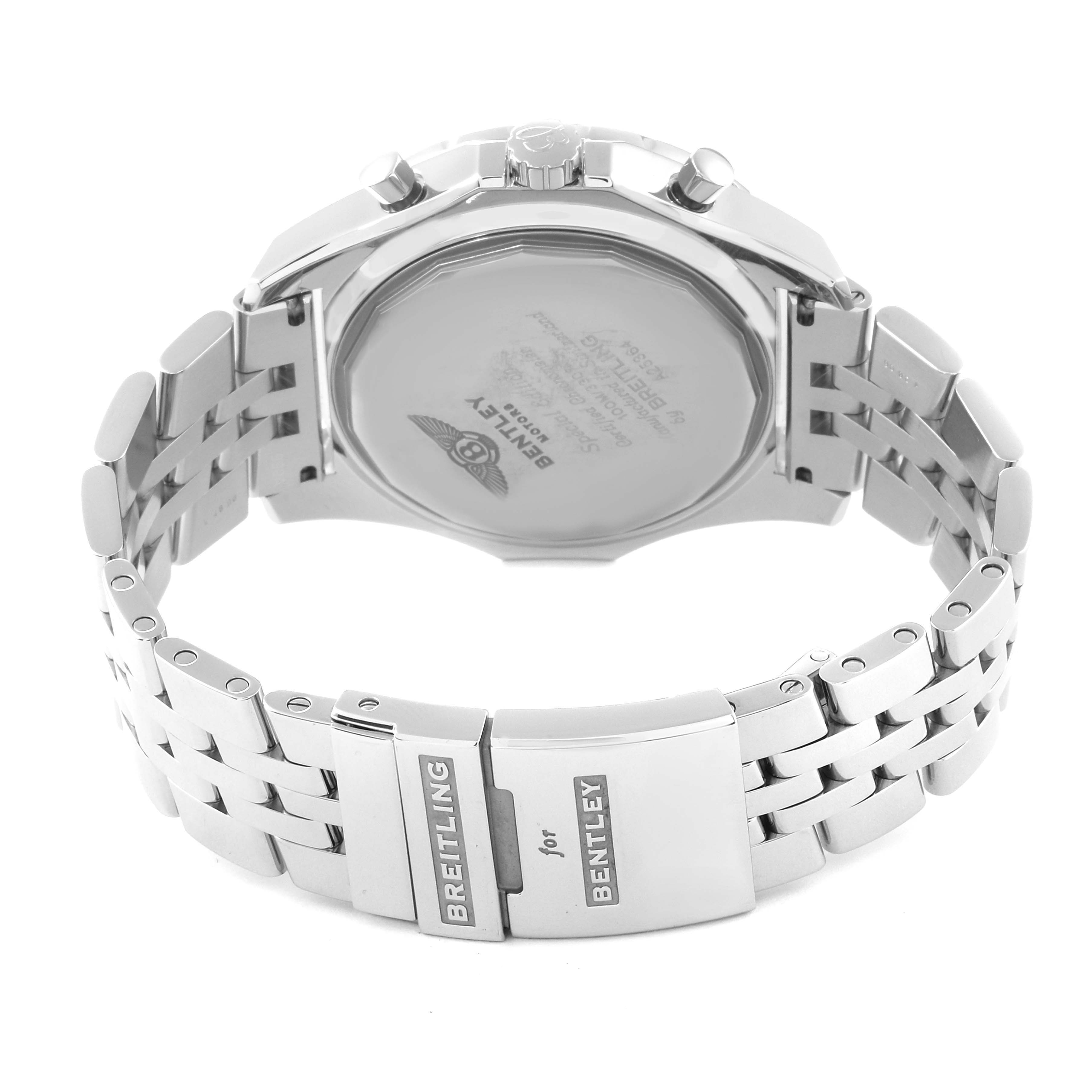 This image shows the back view of a Breitling Bentley A25364 Men's Stainless Steel Black Dial A25364 Men's Stainless Steel Black Dial watch, highlighting the case back and metal bracelet with branding.