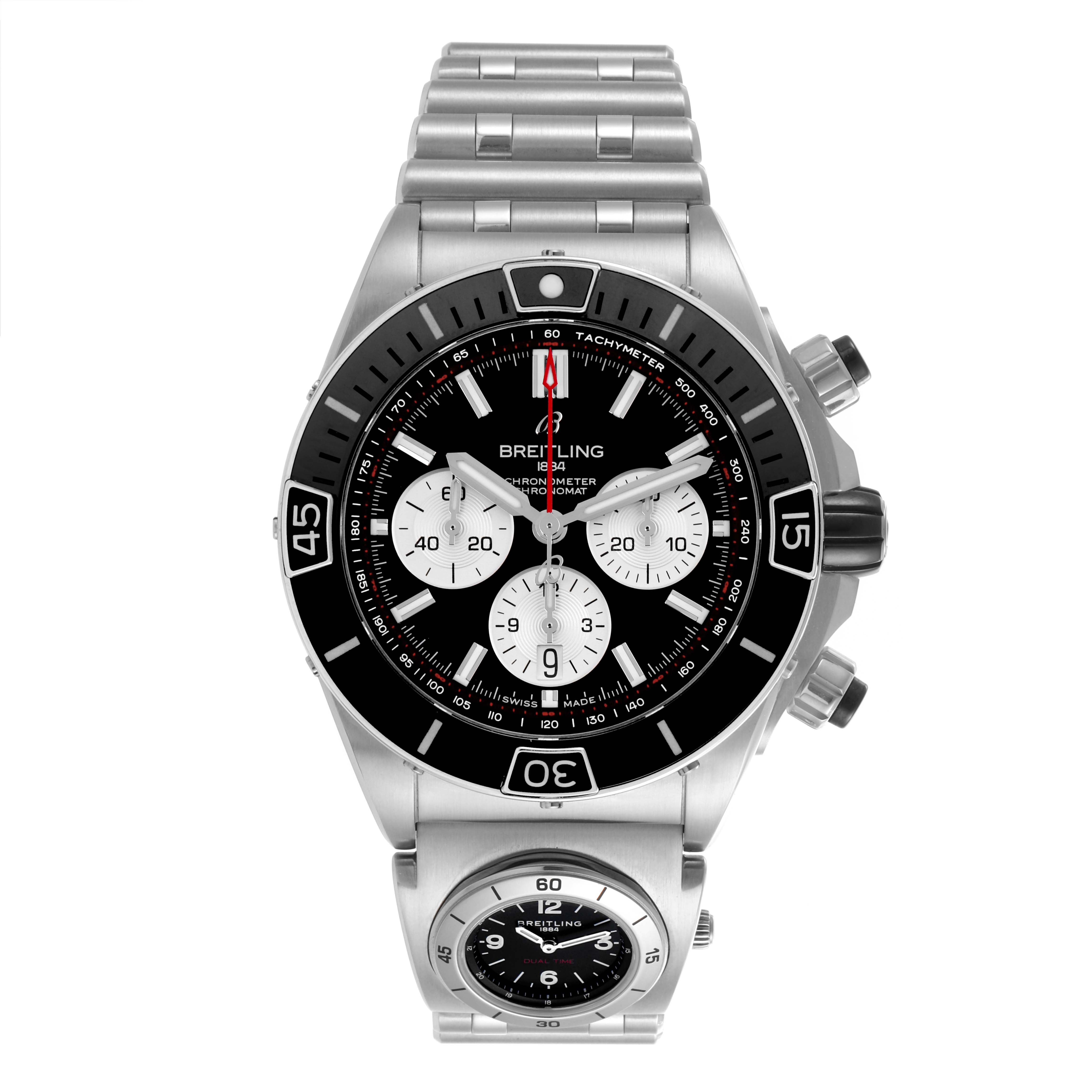 The image shows a front view of the Breitling Chronomat AB0136251B1A2 Men's Stainless Steel Black Dial AB0136251B1A2 Men's Stainless Steel Black Dial watch, highlighting its dial, bezel, pushers, and bracelet.