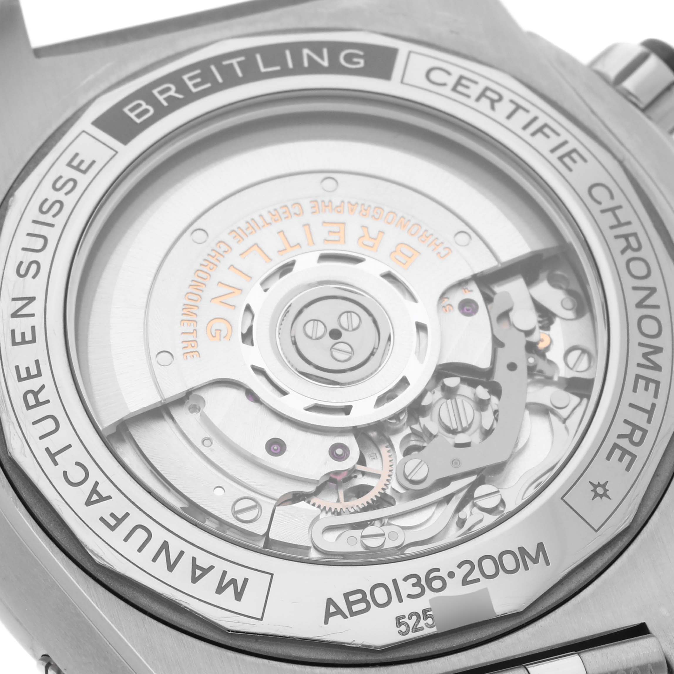 The image shows the case back of a Breitling Chronomat AB0136251B1A2 Men's Stainless Steel Black Dial AB0136251B1A2 Men's Stainless Steel Black Dial, displaying its movement and internal mechanics.