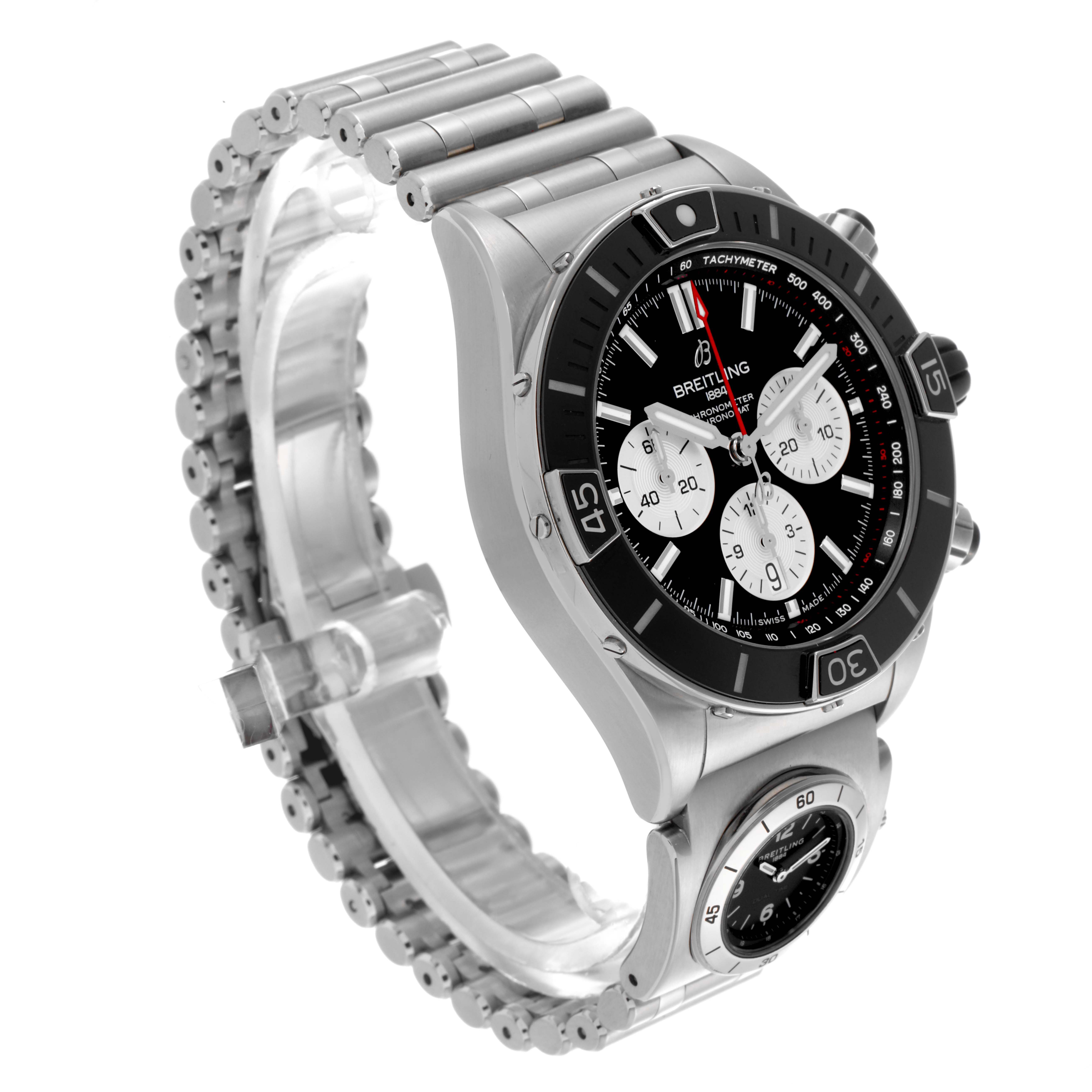 The Breitling Chronomat AB0136251B1A2 Men's Stainless Steel Black Dial AB0136251B1A2 Men's Stainless Steel Black Dial watch is shown at a side angle, highlighting the bezel, sub-dials, and partial bracelet.