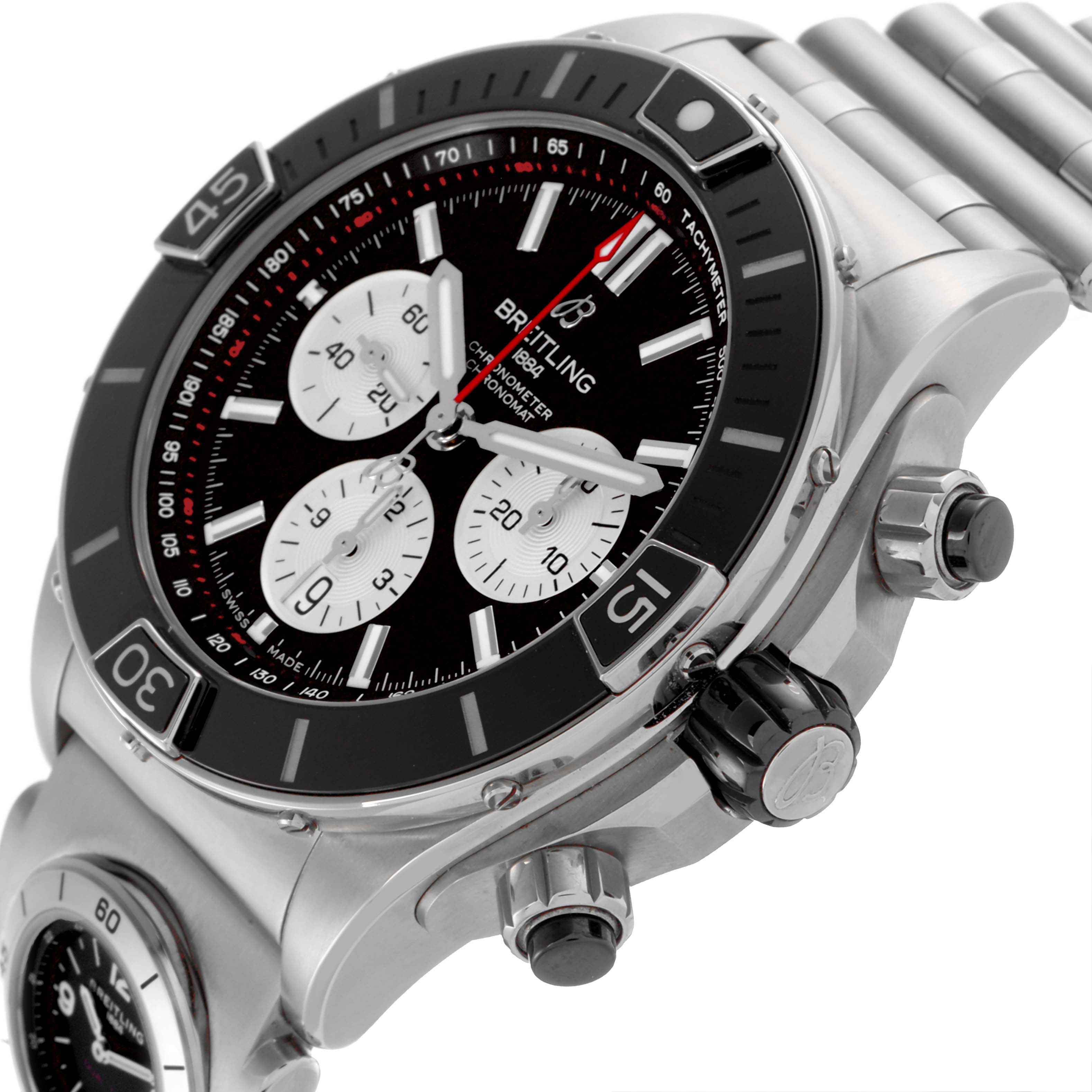 The Breitling Chronomat AB0136251B1A2 Men's Stainless Steel Black Dial AB0136251B1A2 Men's Stainless Steel Black Dial watch is shown at an angled close-up, highlighting the watch face, bezel, and side pushers.