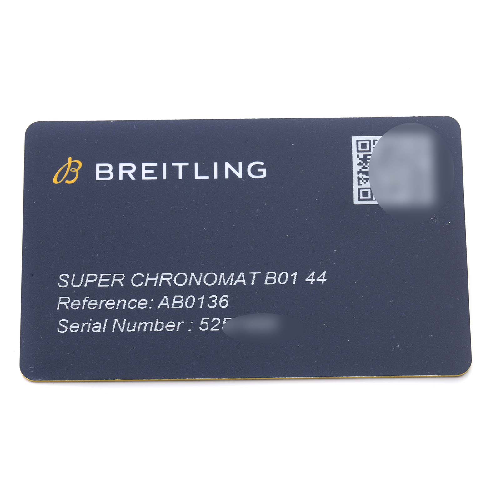 The image shows a Breitling Chronomat AB0136251B1A2 Men's Stainless Steel Black Dial AB0136251B1A2 Men's Stainless Steel Black Dial model card displaying model, reference, and serial numbers.