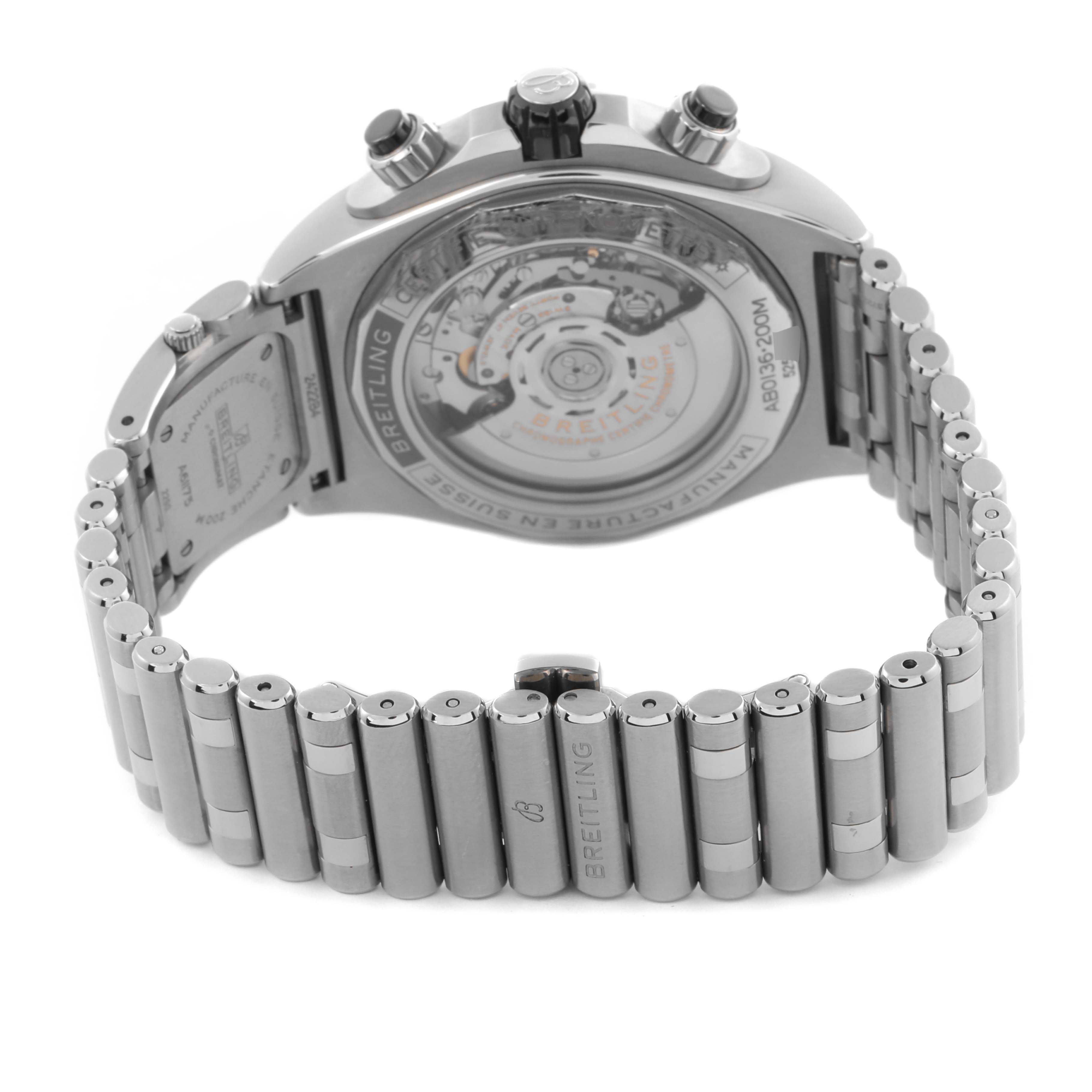 The image shows the back case and metal bracelet of the Breitling Chronomat AB0136251B1A2 Men's Stainless Steel Black Dial AB0136251B1A2 Men's Stainless Steel Black Dial watch, highlighting the movement and clasp.