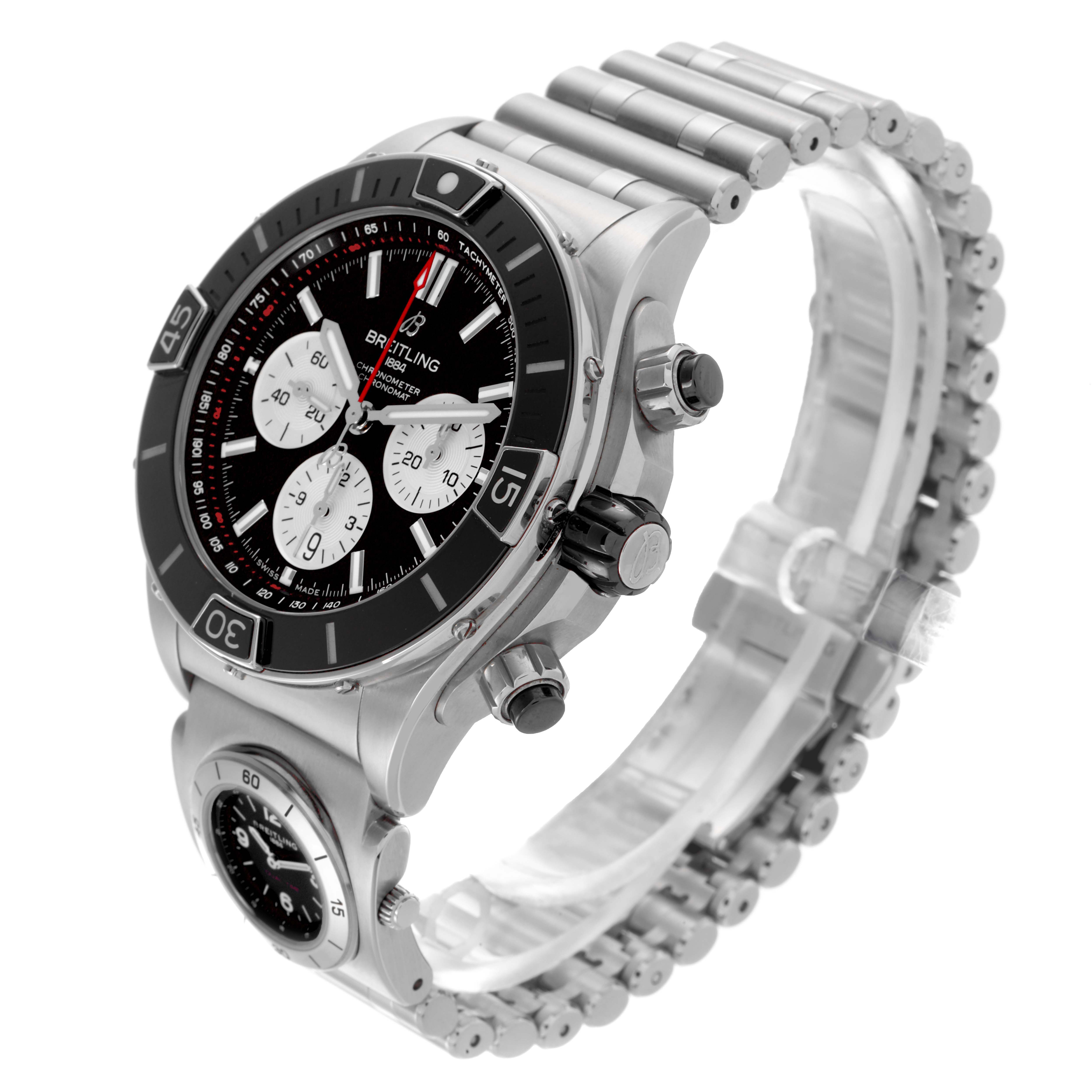 The Breitling Chronomat AB0136251B1A2 Men's Stainless Steel Black Dial AB0136251B1A2 Men's Stainless Steel Black Dial watch is shown at a three-quarter angle, highlighting its bezel, subdials, and metal bracelet.