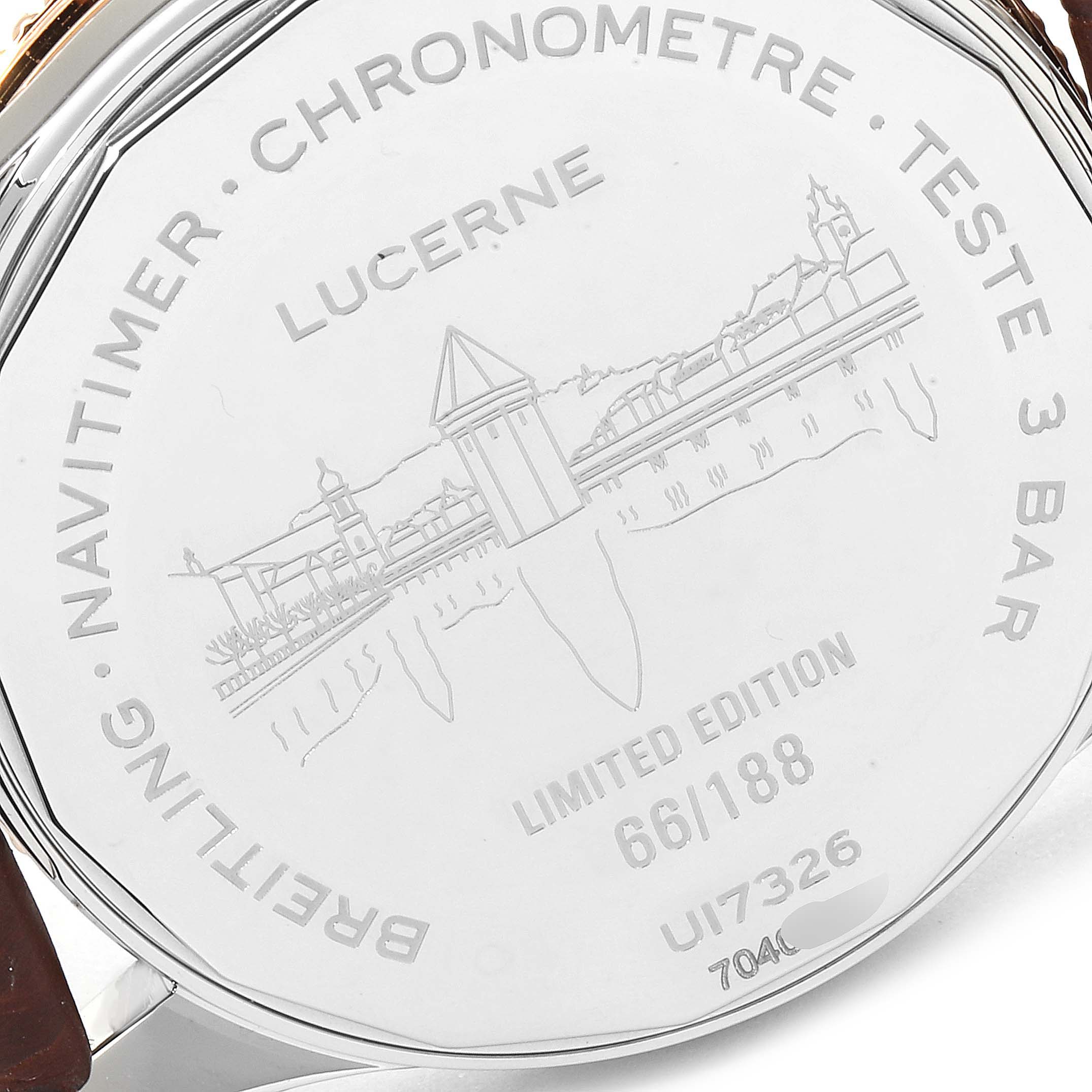 The image shows the engraved case back of a Breitling Navitimer U17326211M1P1 Men's Stainless Steel Grey Dial U17326211M1P1 Men's Stainless Steel Grey Dial watch, detailing the limited edition number and cityscape of Lucerne.