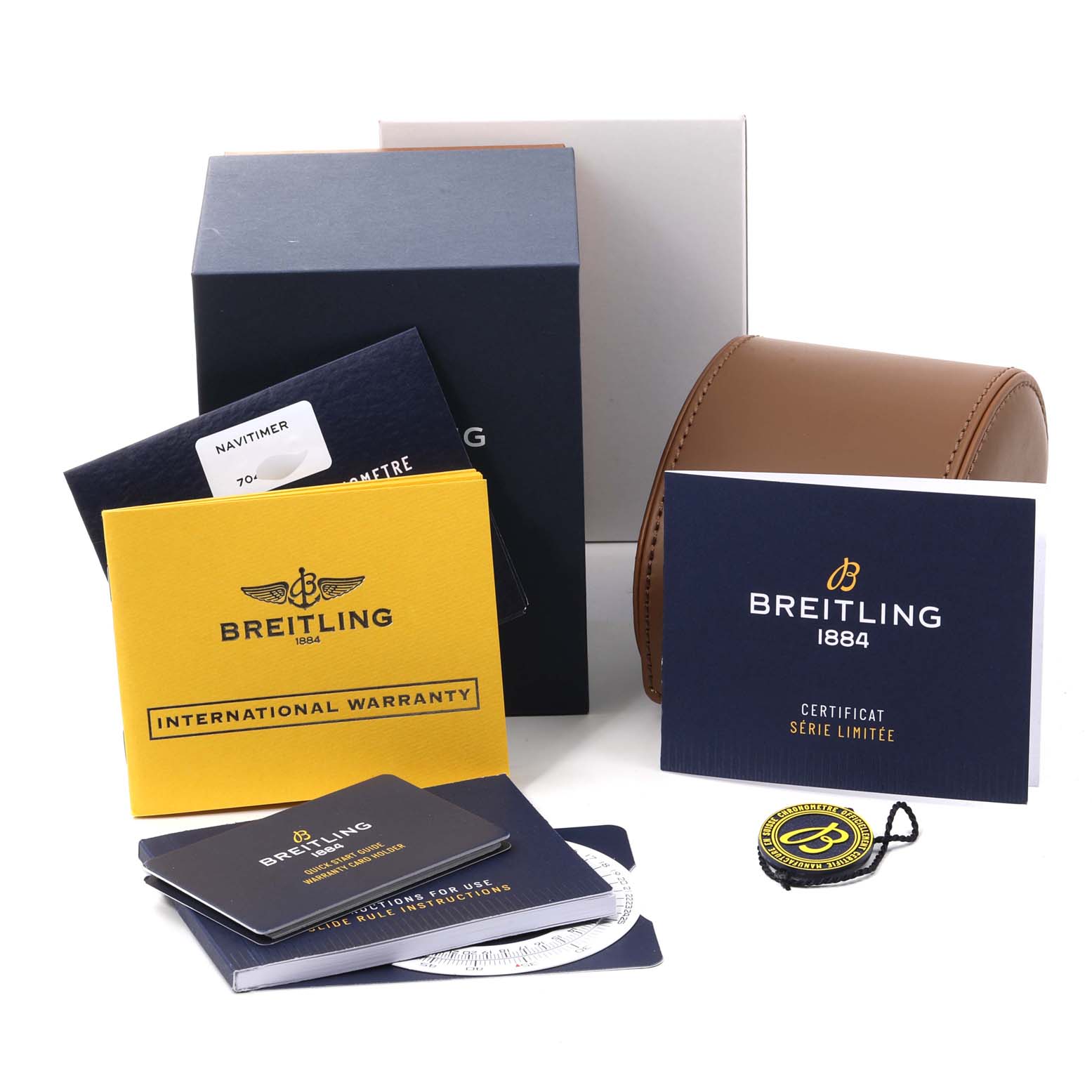The image shows Breitling Navitimer U17326211M1P1 Men's Stainless Steel Grey Dial U17326211M1P1 Men's Stainless Steel Grey Dial packaging, including the outer box, travel case, warranty card, and manuals.