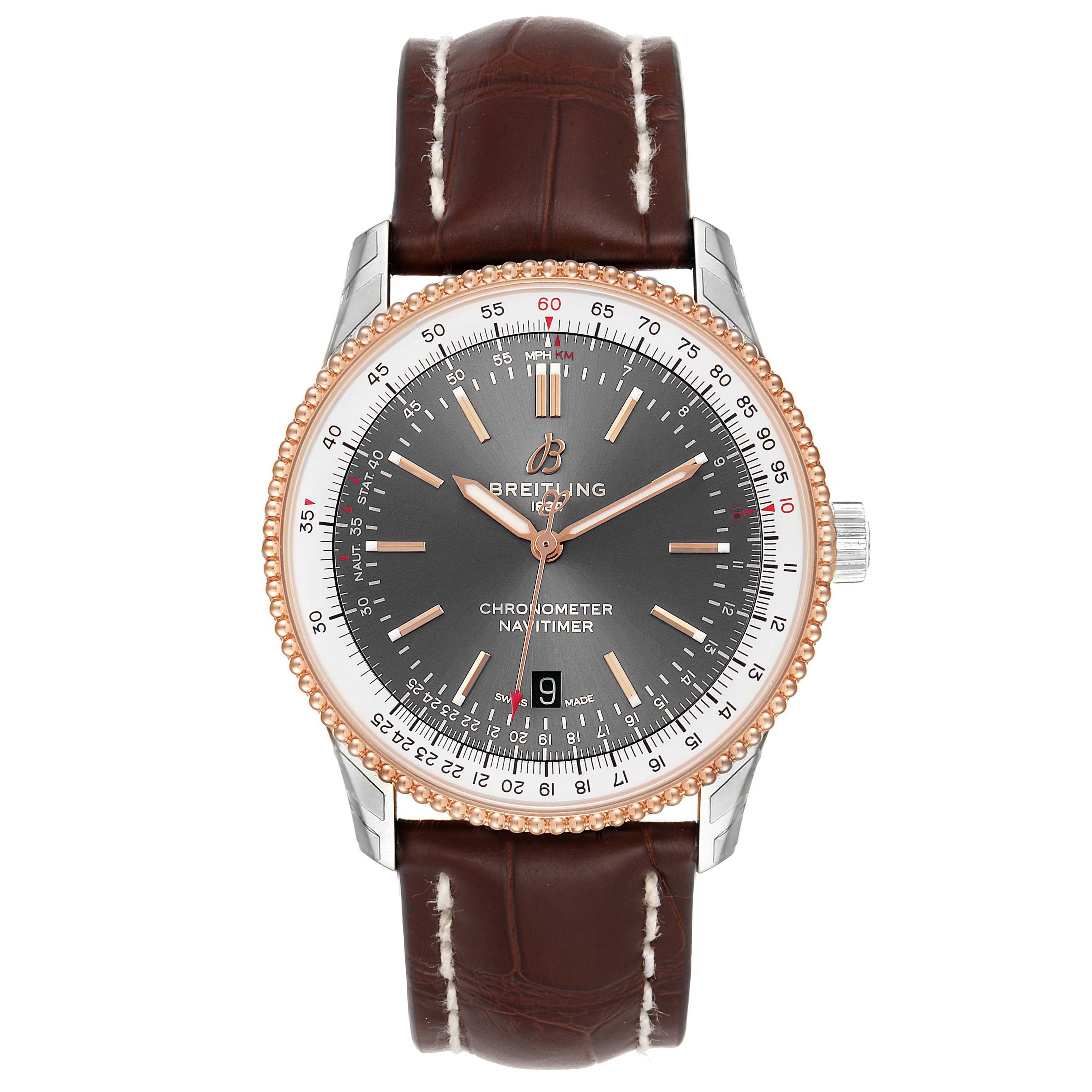 This image shows a front view of a Breitling Navitimer U17326211M1P1 Men's Stainless Steel Grey Dial U17326211M1P1 Men's Stainless Steel Grey Dial watch with a leather strap and a detailed dial.