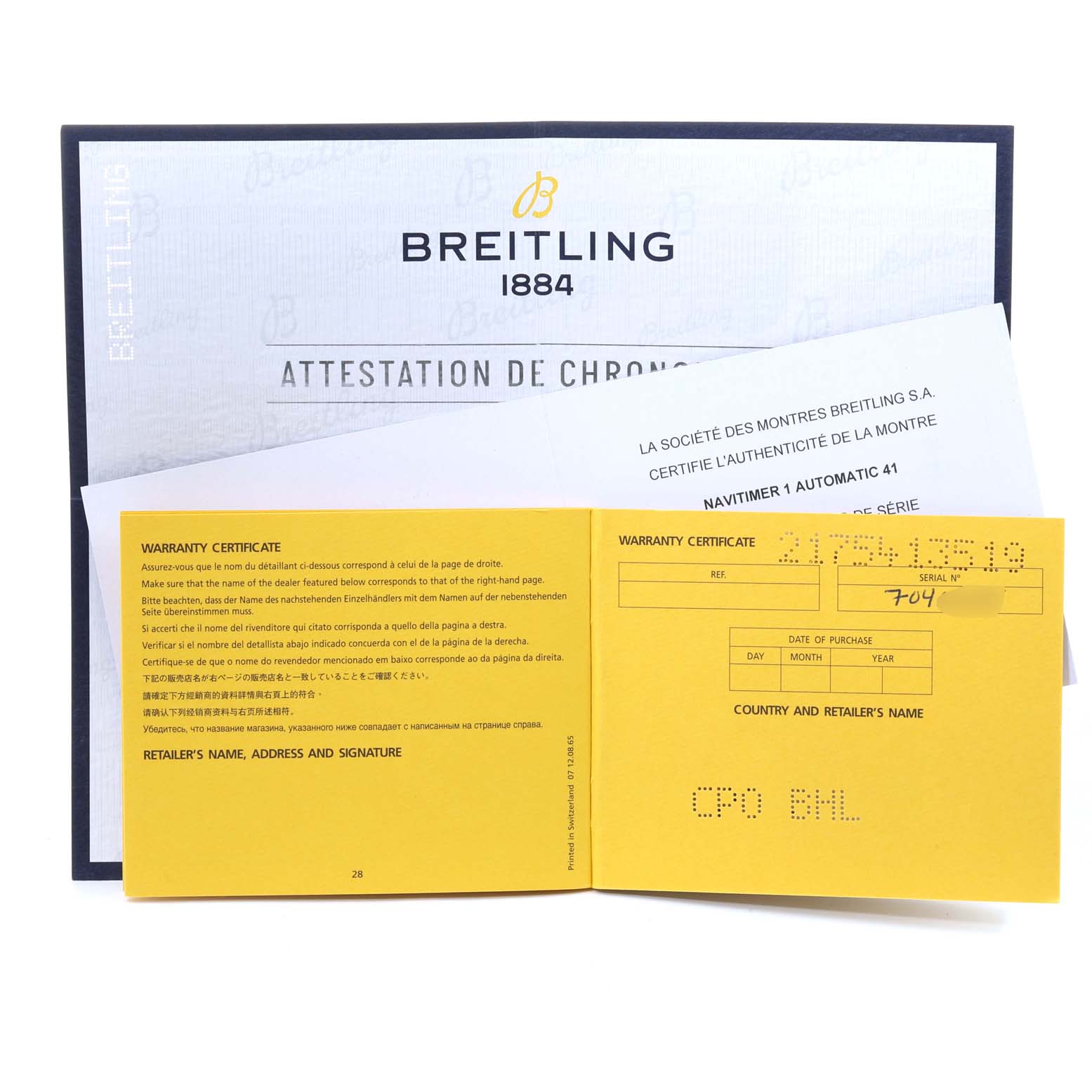 This image shows Breitling Navitimer U17326211M1P1 Men's Stainless Steel Grey Dial U17326211M1P1 Men's Stainless Steel Grey Dial model warranty and authenticity documents, including a yellow warranty certificate booklet.