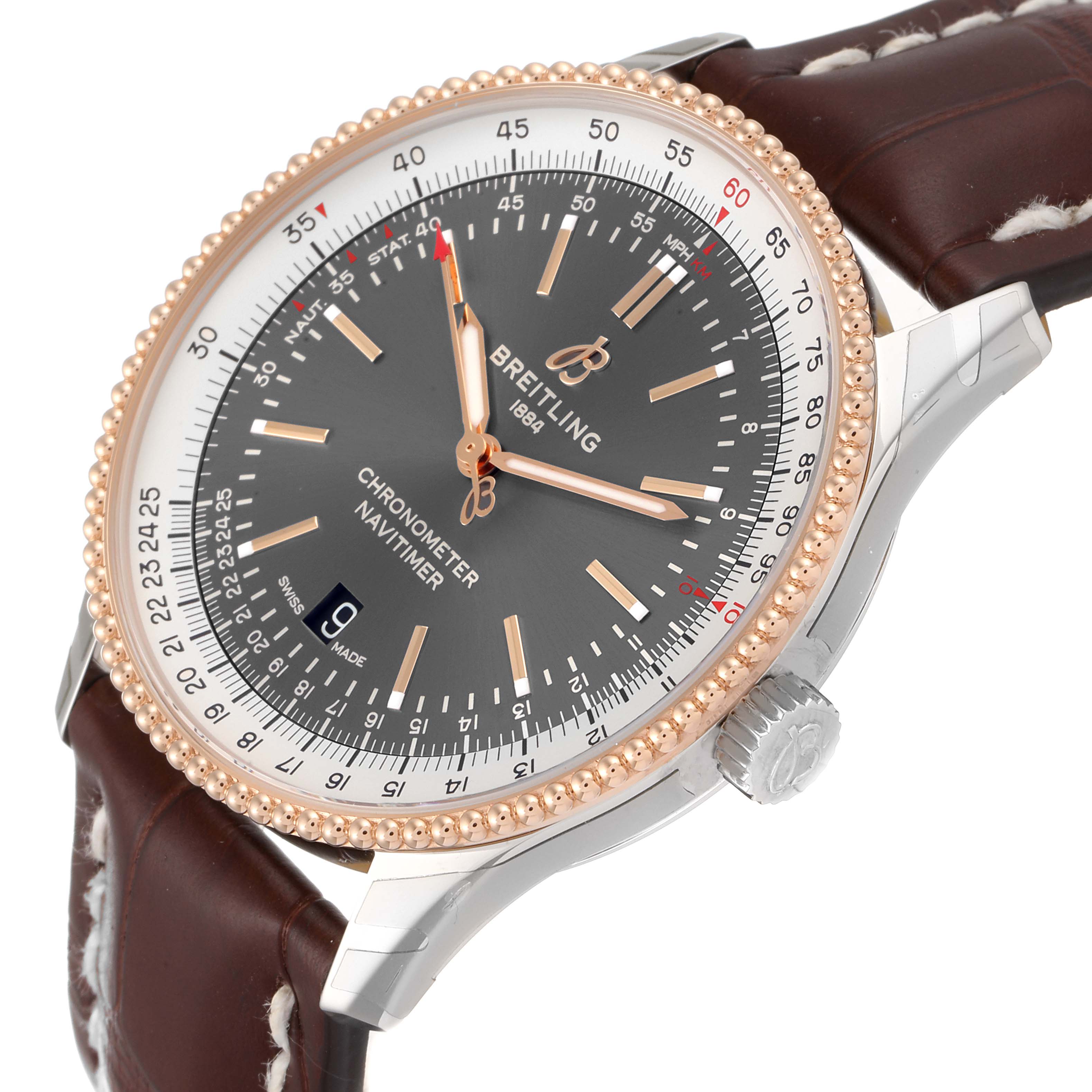 The image shows a close-up, side angle view of the Breitling Navitimer U17326211M1P1 Men's Stainless Steel Grey Dial U17326211M1P1 Men's Stainless Steel Grey Dial watch, highlighting the face, bezel, and part of the strap.
