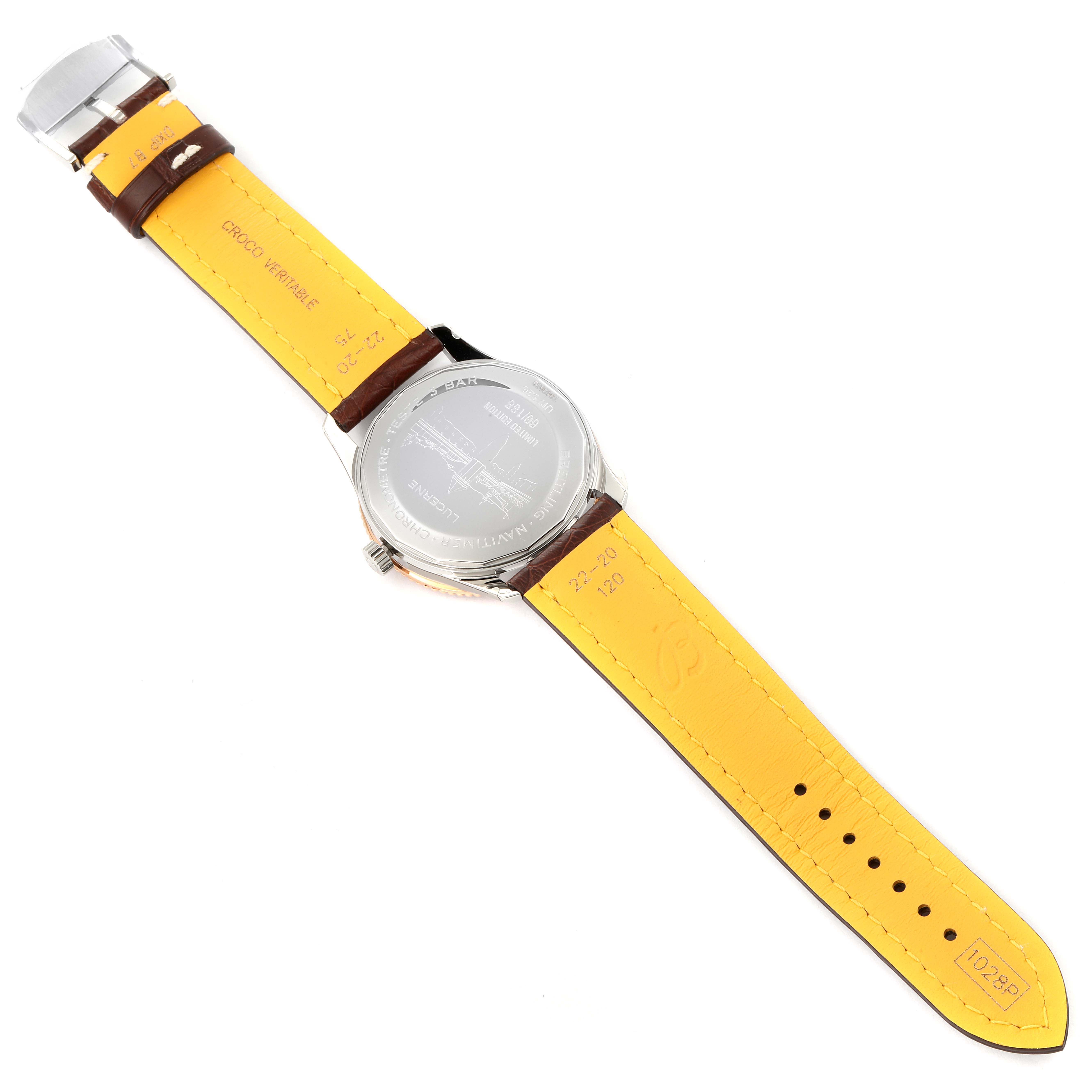 The Breitling Navitimer U17326211M1P1 Men's Stainless Steel Grey Dial U17326211M1P1 Men's Stainless Steel Grey Dial watch is shown from the back, displaying its case back, leather straps, and clasp.