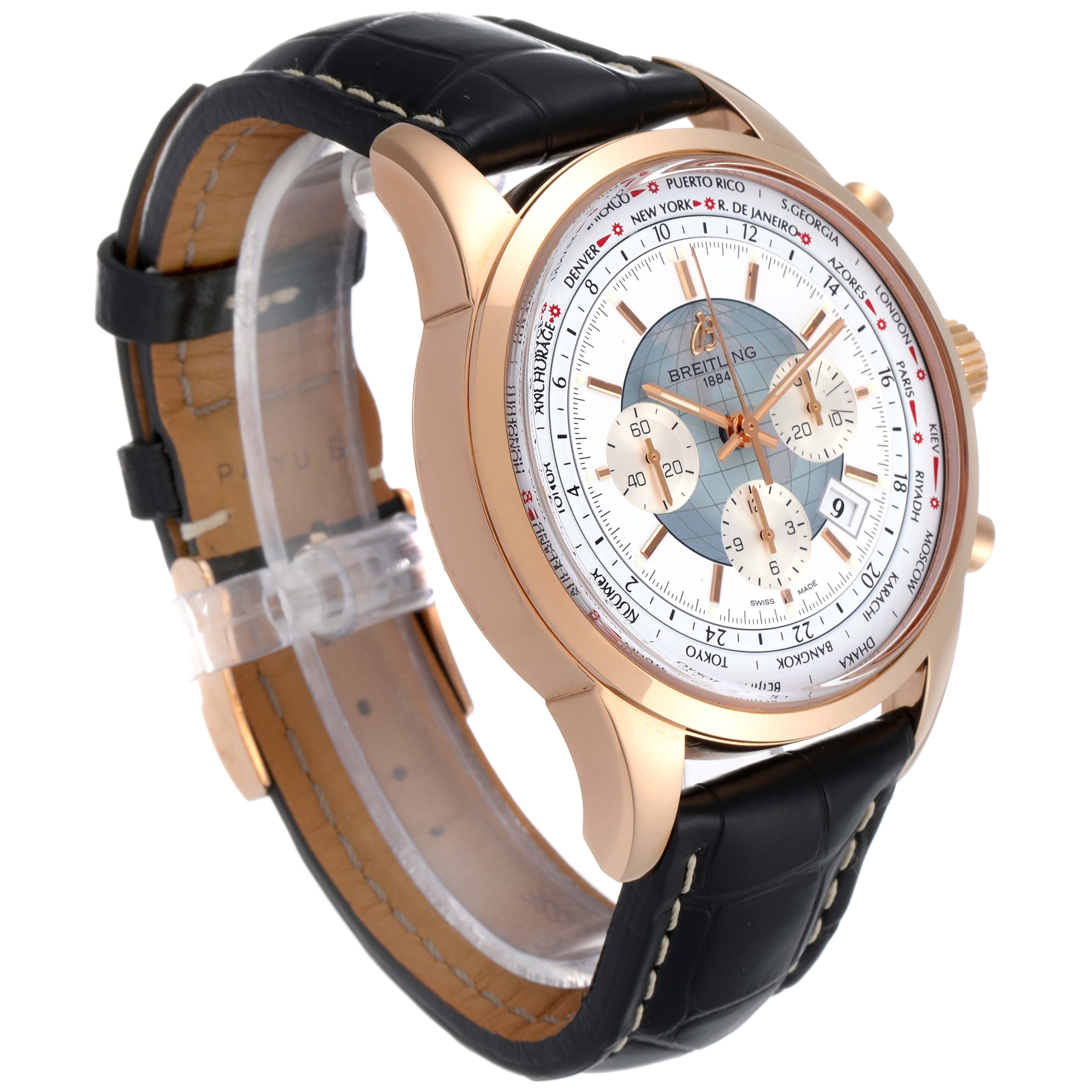 The image shows a side-angle view of a Breitling Transocean RB0510U4-BB63BKLD Men's Rose Gold White Dial RB0510U4-BB63BKLD Men's Rose Gold White Dial watch, highlighting its face, casing, and leather strap.