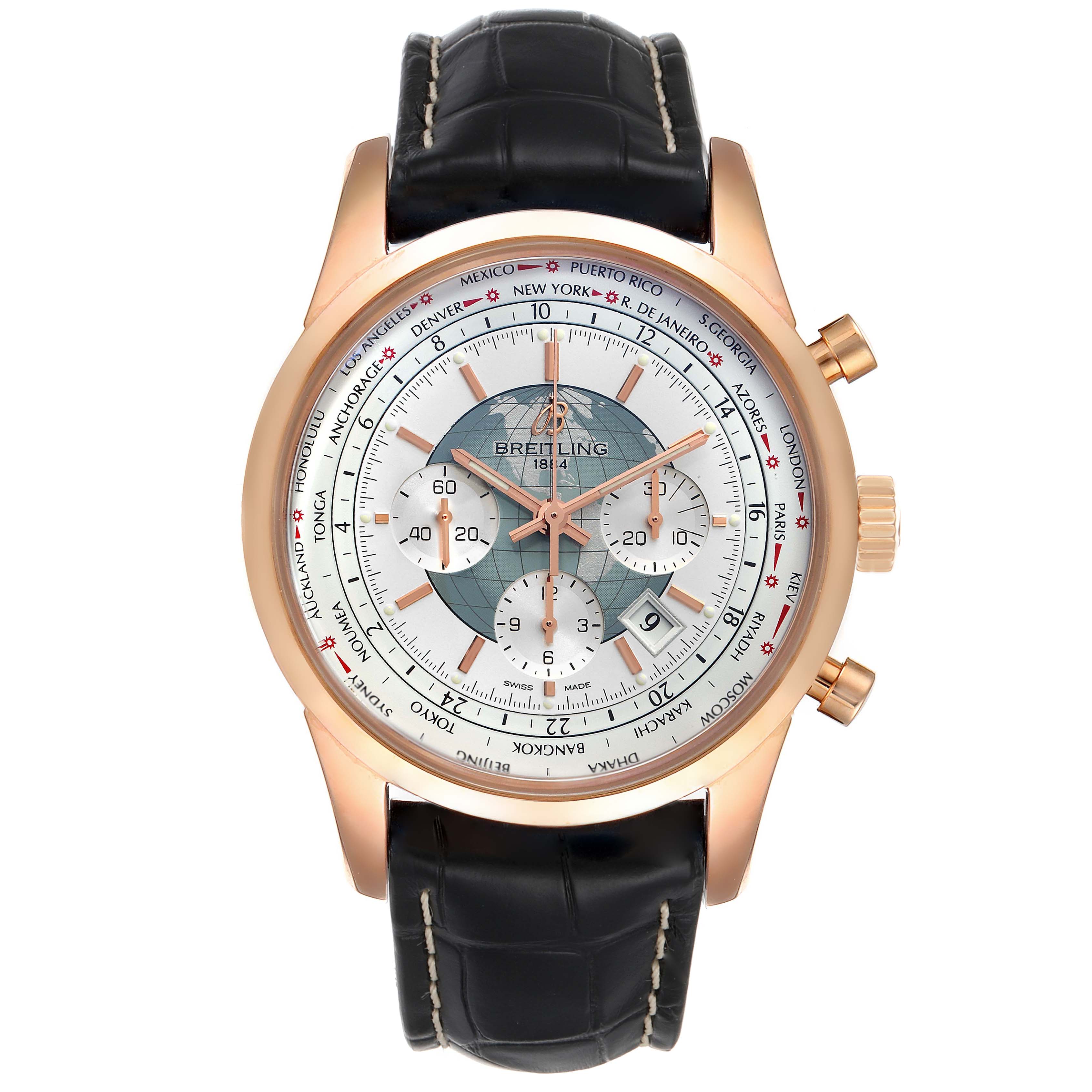 This image shows a front view of the Breitling Transocean RB0510U4-BB63BKLD Men's Rose Gold White Dial RB0510U4-BB63BKLD Men's Rose Gold White Dial watch, highlighting the dial, case, and leather strap.