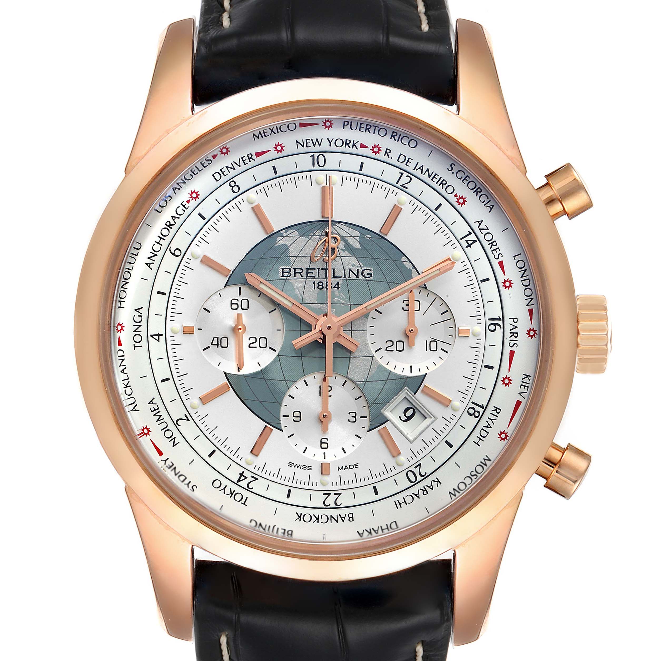 The image shows the face and bezel, including the crown and pushers, of a Breitling Transocean RB0510U4-BB63BKLD Men's Rose Gold White Dial RB0510U4-BB63BKLD Men's Rose Gold White Dial watch at a slight front angle.