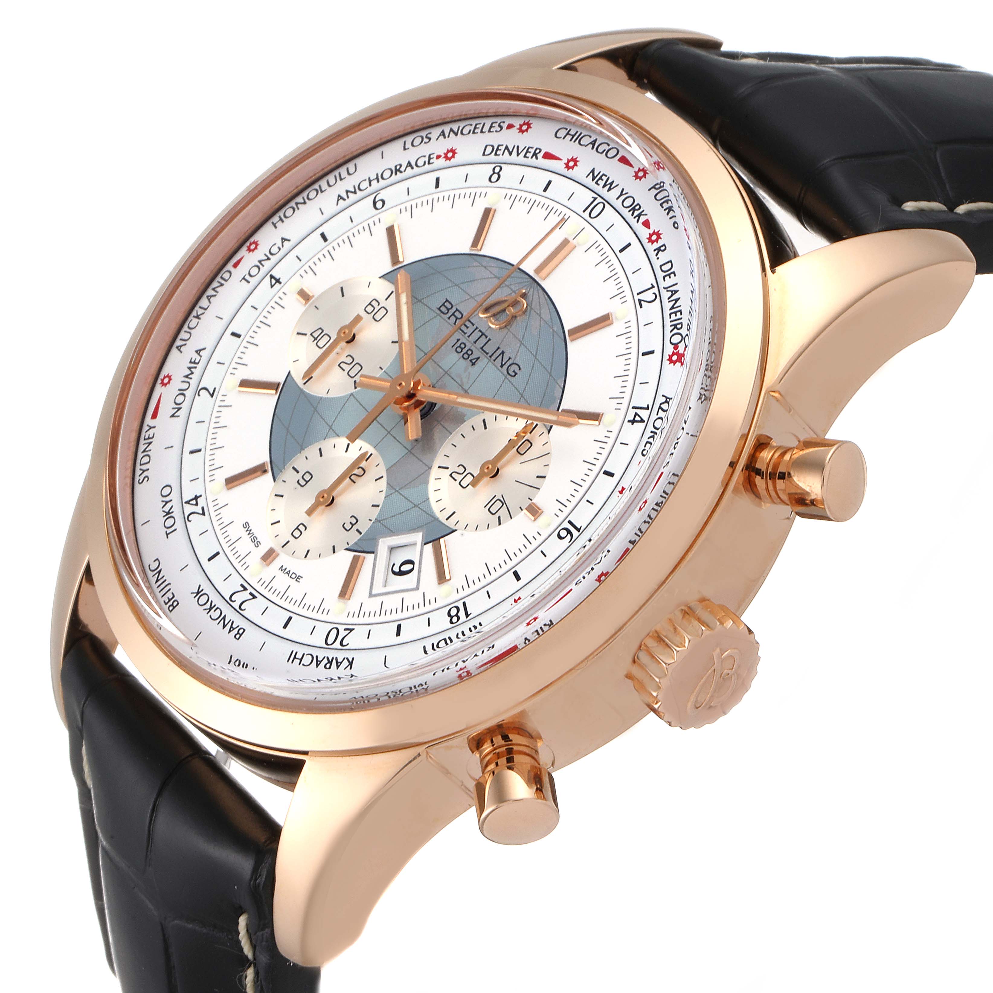 The image shows a Breitling Transocean RB0510U4-BB63BKLD Men's Rose Gold White Dial RB0510U4-BB63BKLD Men's Rose Gold White Dial watch at a 3/4 angle, highlighting the face, crown, and chronograph pushers.