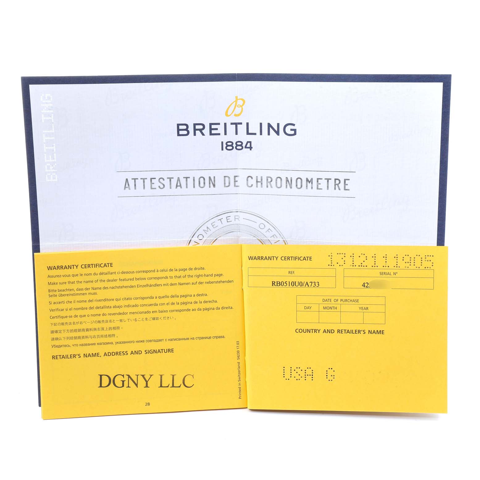 The image shows the warranty certificate and chronometer certificate for a Breitling Transocean RB0510U4-BB63BKLD Men's Rose Gold White Dial RB0510U4-BB63BKLD Men's Rose Gold White Dial watch.