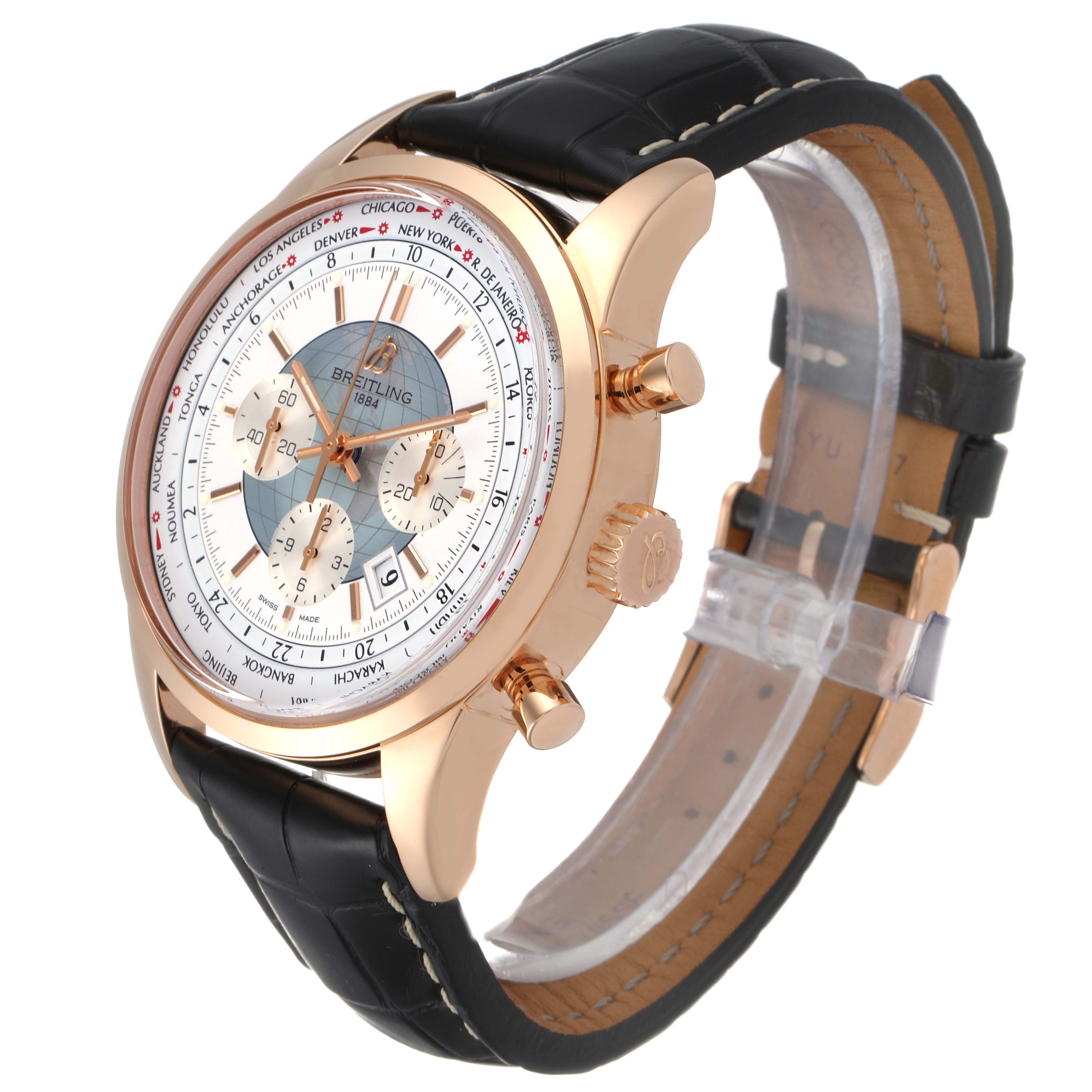 The Breitling Transocean RB0510U4-BB63BKLD Men's Rose Gold White Dial RB0510U4-BB63BKLD Men's Rose Gold White Dial watch is shown at a three-quarter angle, highlighting the face, case, crown, pushers, and strap.