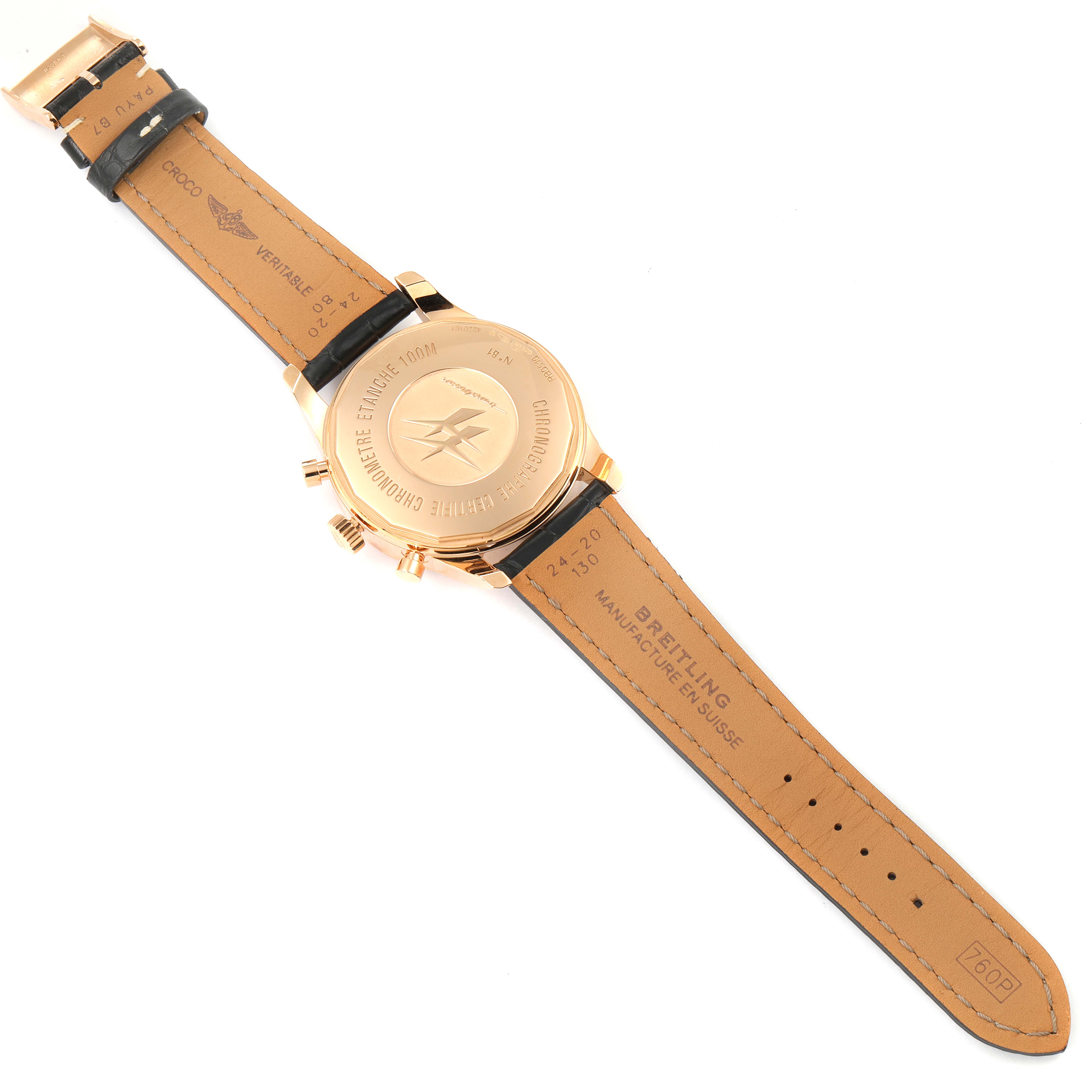 This image shows the back view of a Breitling Transocean RB0510U4-BB63BKLD Men's Rose Gold White Dial RB0510U4-BB63BKLD Men's Rose Gold White Dial watch, highlighting the case back and leather straps.