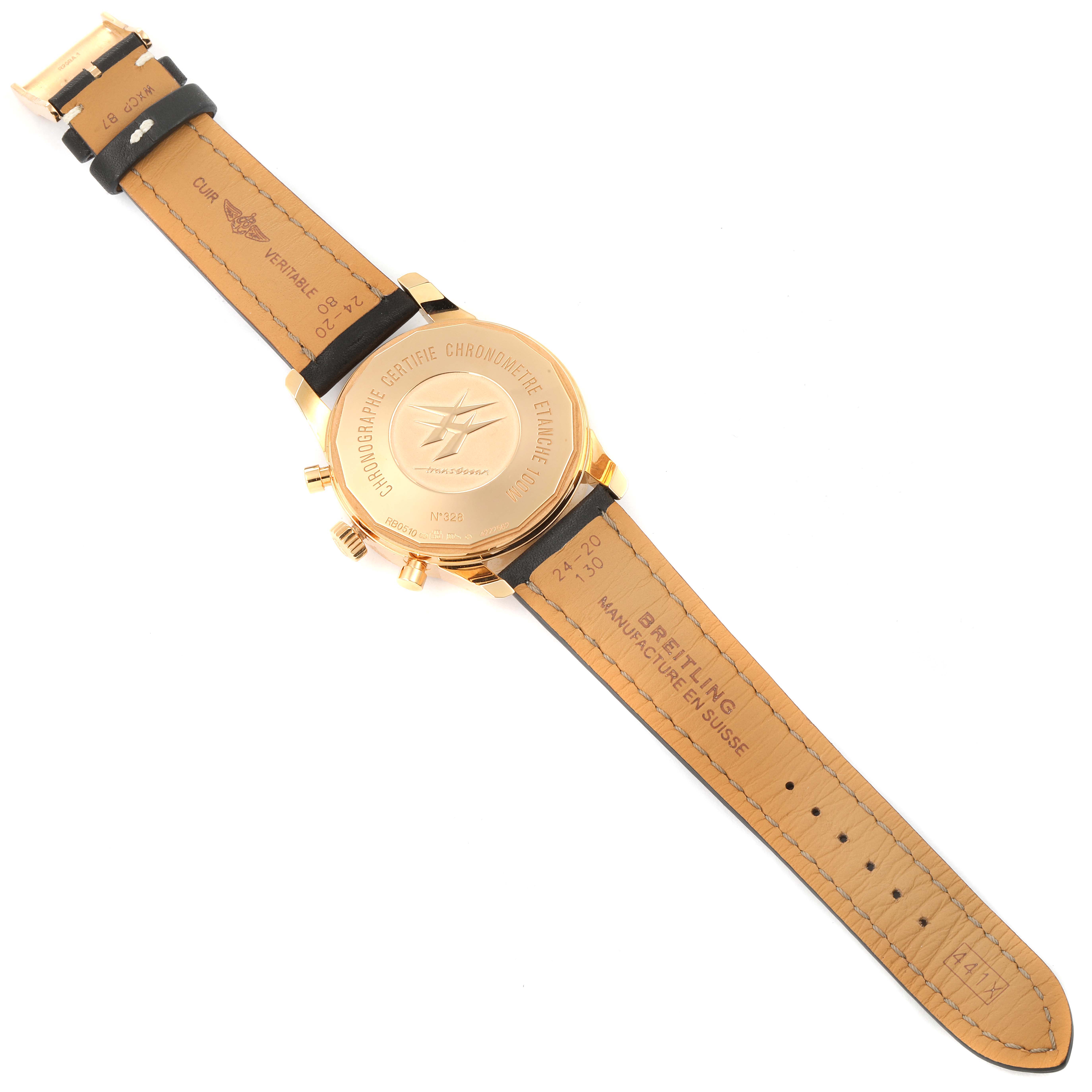 This image shows the backside and leather strap of a Breitling Transocean RB0510U4-BB63BKLD Men's Rose Gold Black Dial RB0510U4-BB63BKLD Men's Rose Gold Black Dial watch, highlighting the brand's engravings and strap details.