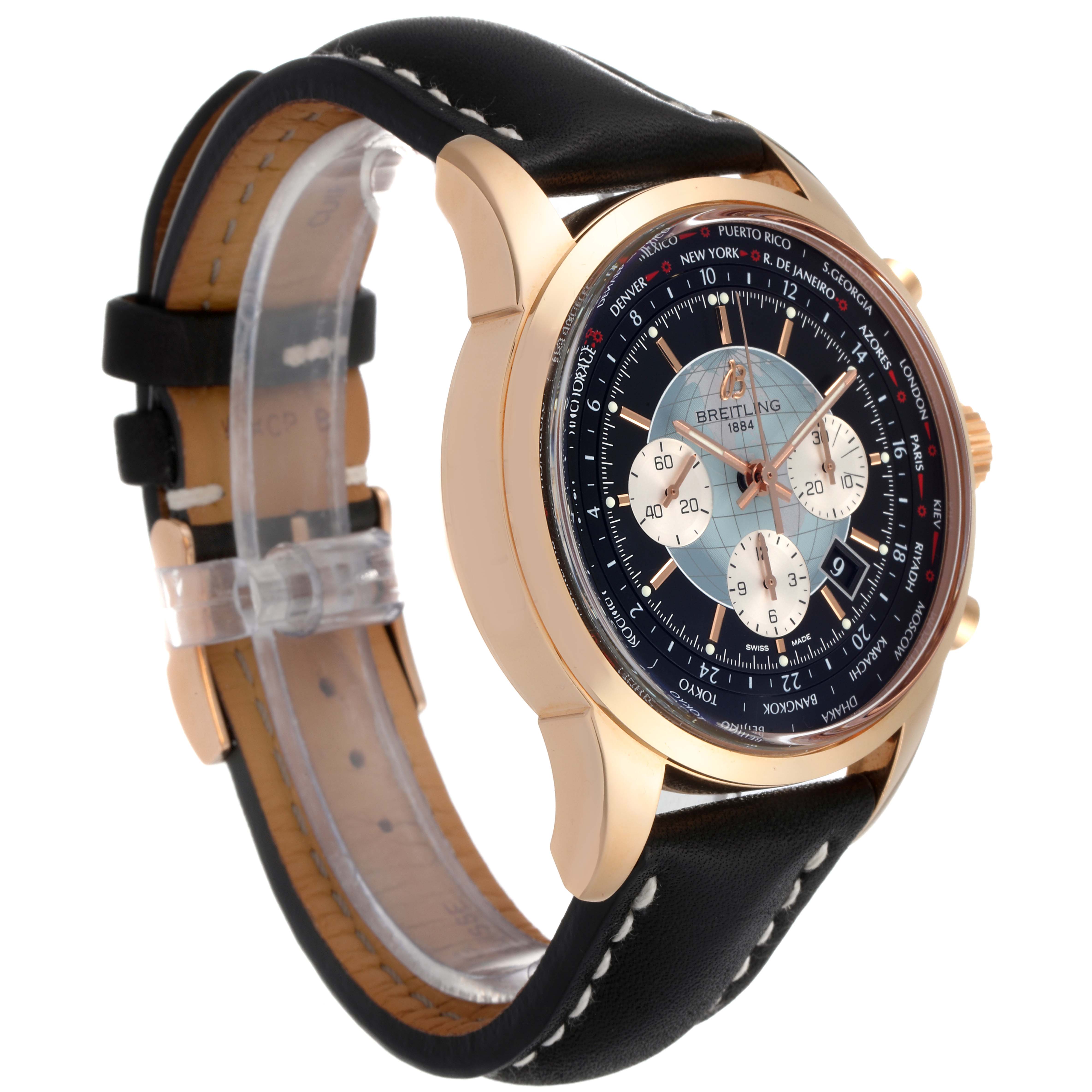 The Breitling Transocean RB0510U4-BB63BKLD Men's Rose Gold Black Dial RB0510U4-BB63BKLD Men's Rose Gold Black Dial watch is displayed at an angle showing the face, bezel, case, and black leather strap.