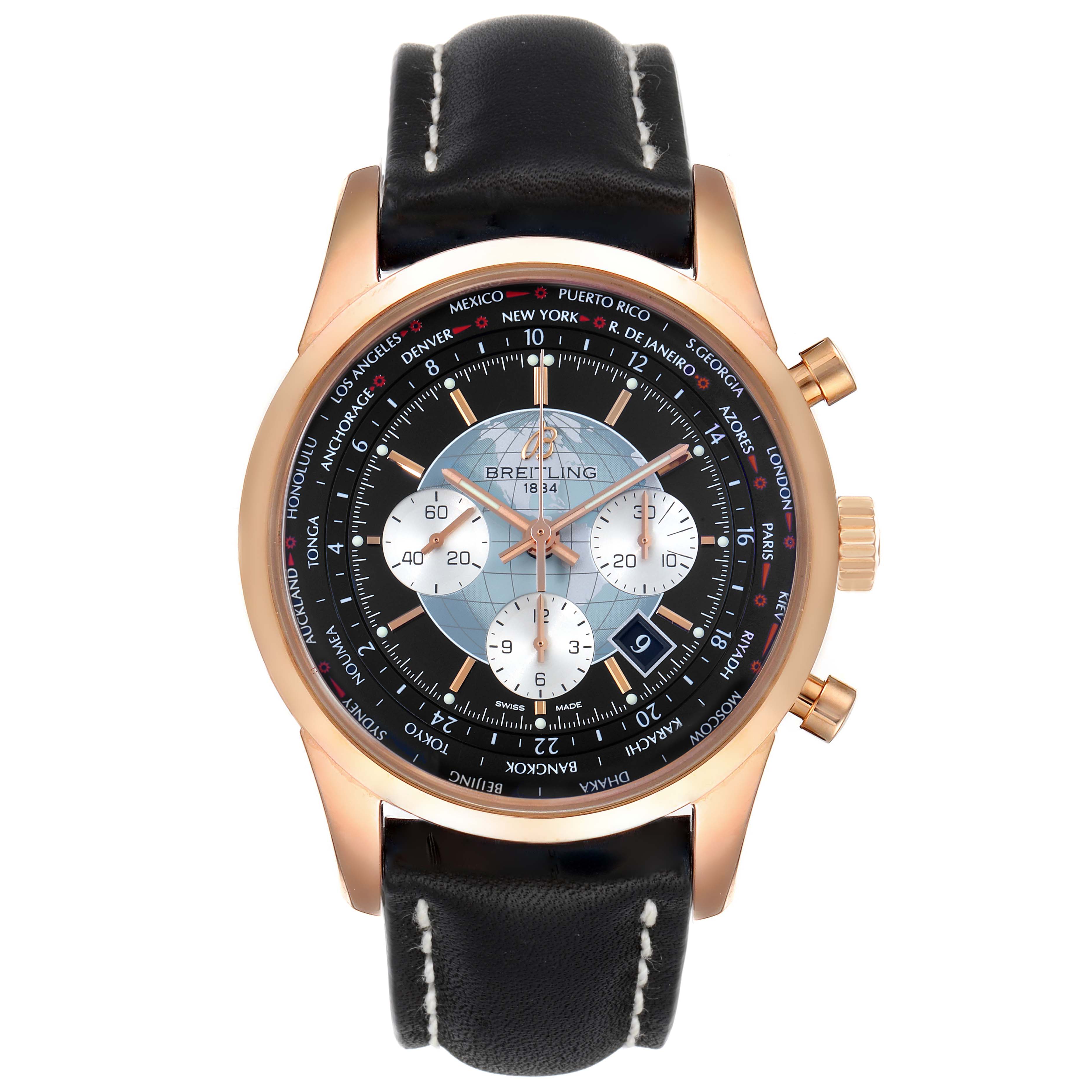 The image shows a front view of the Breitling Transocean RB0510U4-BB63BKLD Men's Rose Gold Black Dial RB0510U4-BB63BKLD Men's Rose Gold Black Dial watch, highlighting its black dial, gold case, and leather strap.