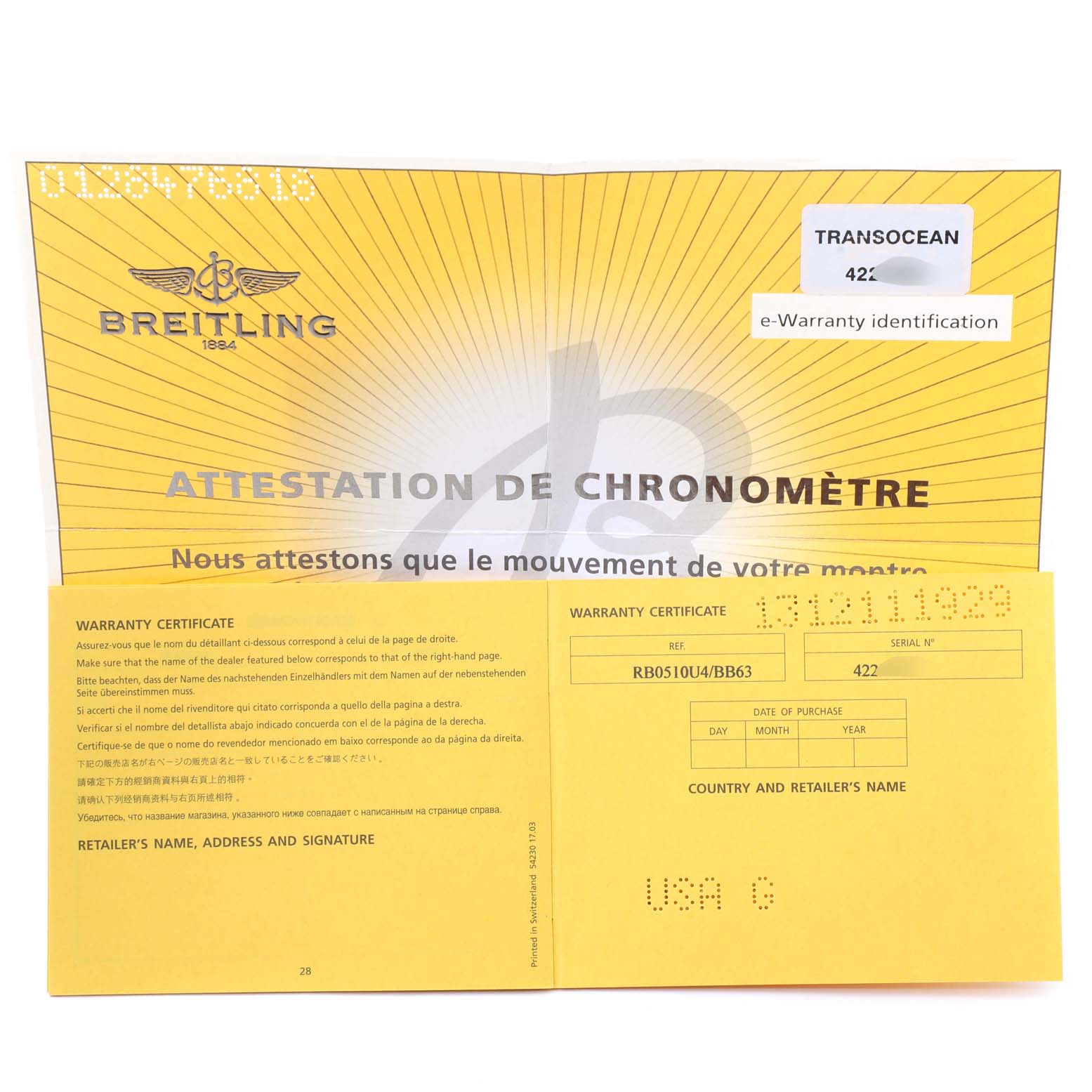 The image shows a warranty certificate for the Breitling Transocean RB0510U4-BB63BKLD Men's Rose Gold Black Dial RB0510U4-BB63BKLD Men's Rose Gold Black Dial model, with the booklet opened and details visible.