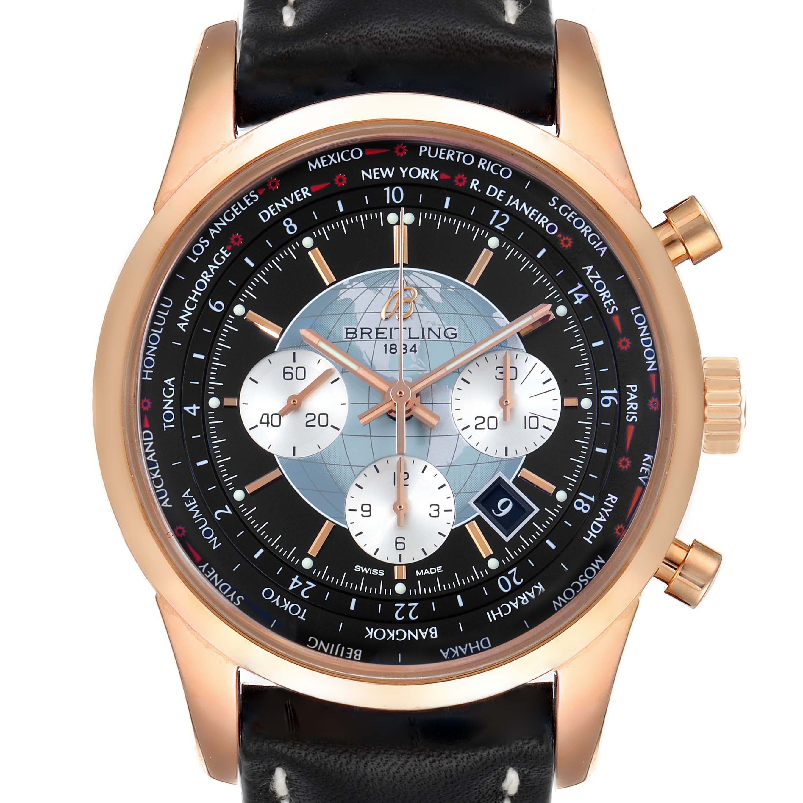 The image shows the face, bezel, and part of the strap of a Breitling Transocean RB0510U4-BB63BKLD Men's Rose Gold Black Dial RB0510U4-BB63BKLD Men's Rose Gold Black Dial watch.